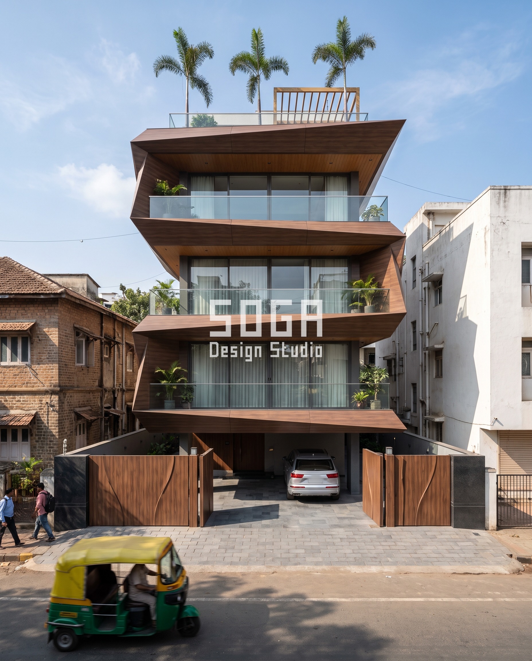Walnut wood-finish rotated faceted slab tray facade on a G+3 builder floor residence, Bandra Mumbai - SOGA Design Studio