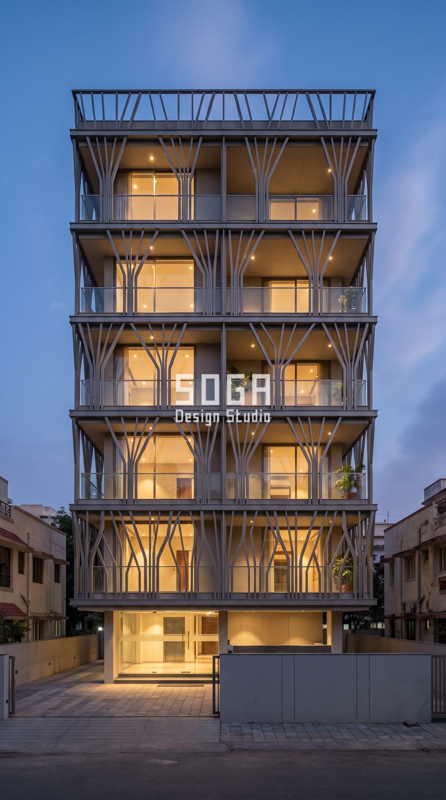 Does a Facade Screen Block the View From Inside? India 3 Parametric Canopy Screen titanium grey metal facade, Navrangpura, Ahmedabad - SOGA Design Studio