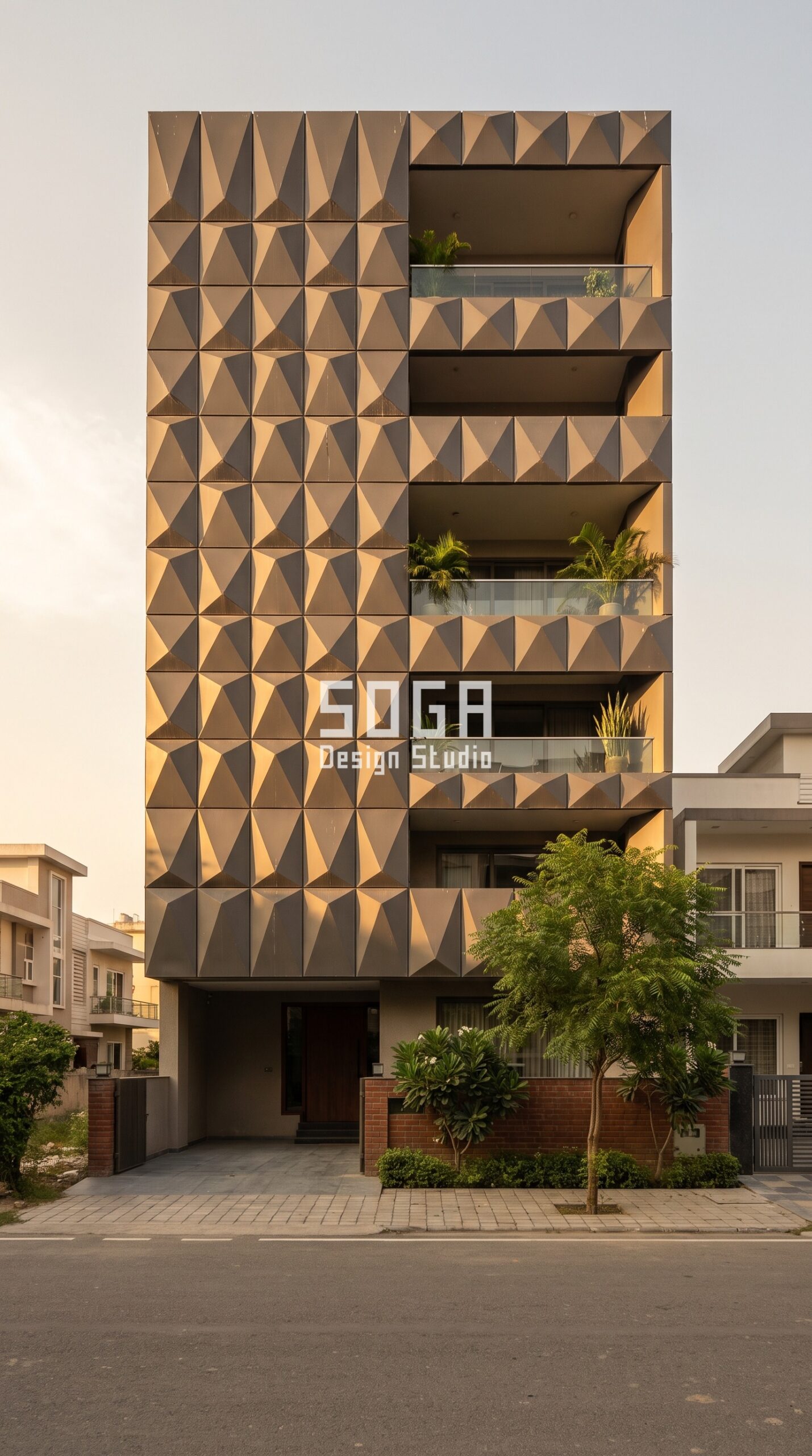 Does a Facade Screen Block the View From Inside? India 2 Parametric Tetra Grid ral 7013 brown grey steel facade, Noida - SOGA Design Studio