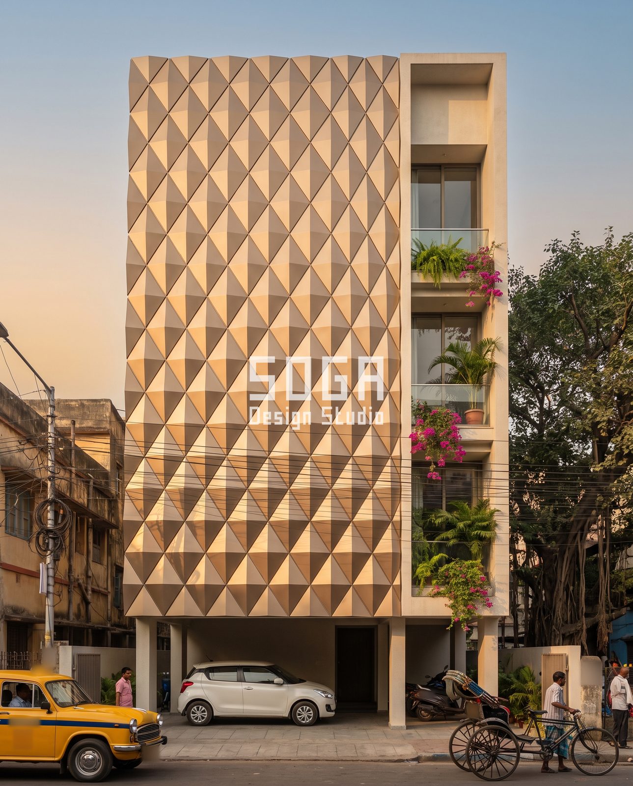 Curtain, Lit Bay, Diamond, Fin and Arch: 5 Elevation Ideas for Indian Homes 3 Champagne-cream pyramid-faceted wall beside a narrow balcony frame on a Kolkata-style street in India at sunset