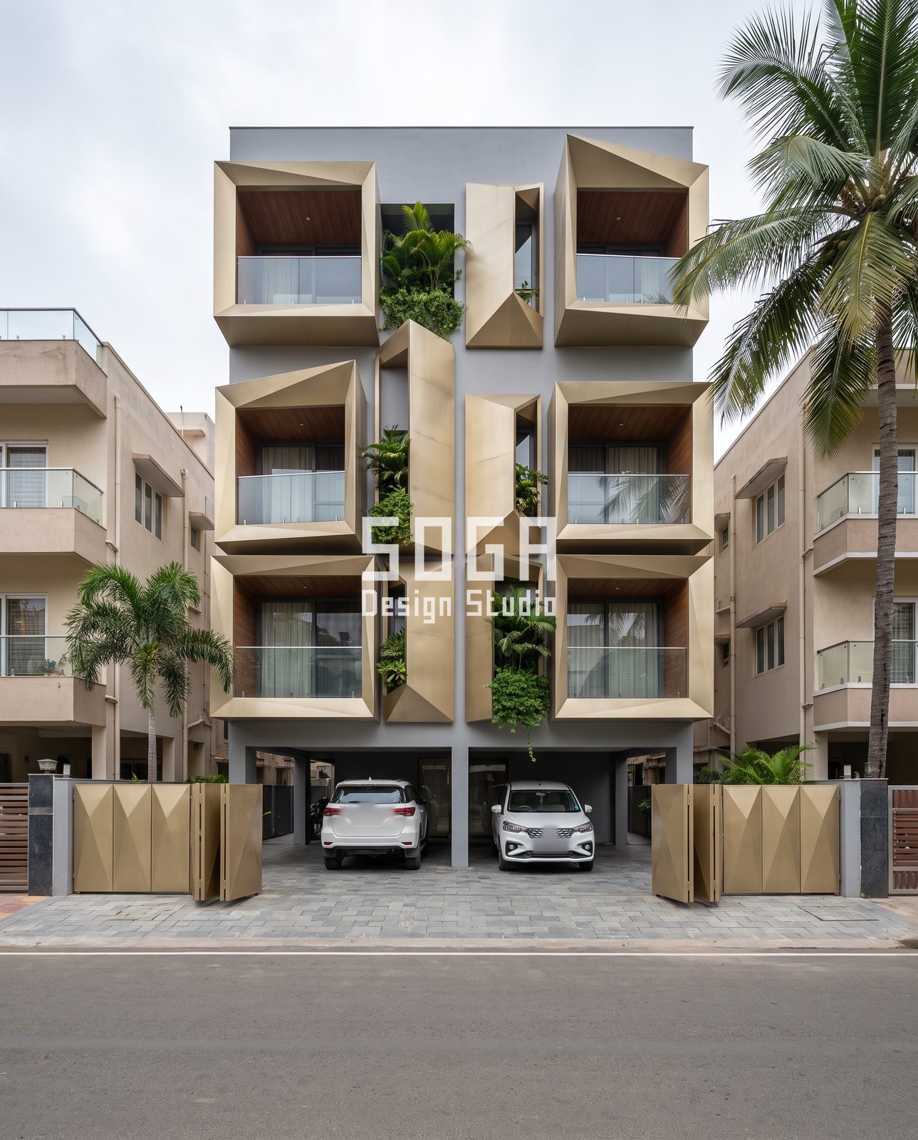 Boxes, Wings, Flutes, Blades and Arches: 5 Compact House Facade Ideas for India 1 Faceted champagne-gold floating box balconies on a grey wall over a stilt, house facade concept India