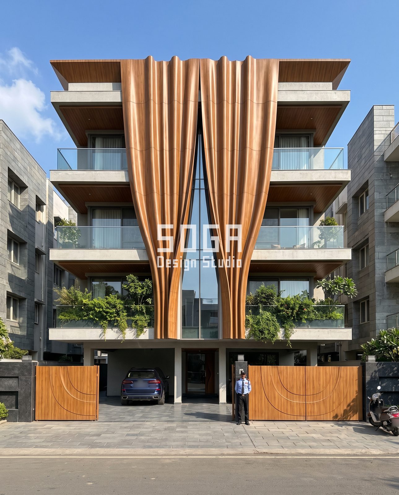 Angular, Triangulated, Finned, Draped and Looped: 5 Balcony Facade Ideas for India 4 Two timber-tone fluted curtain panels parting over a glazed slit, house facade in India
