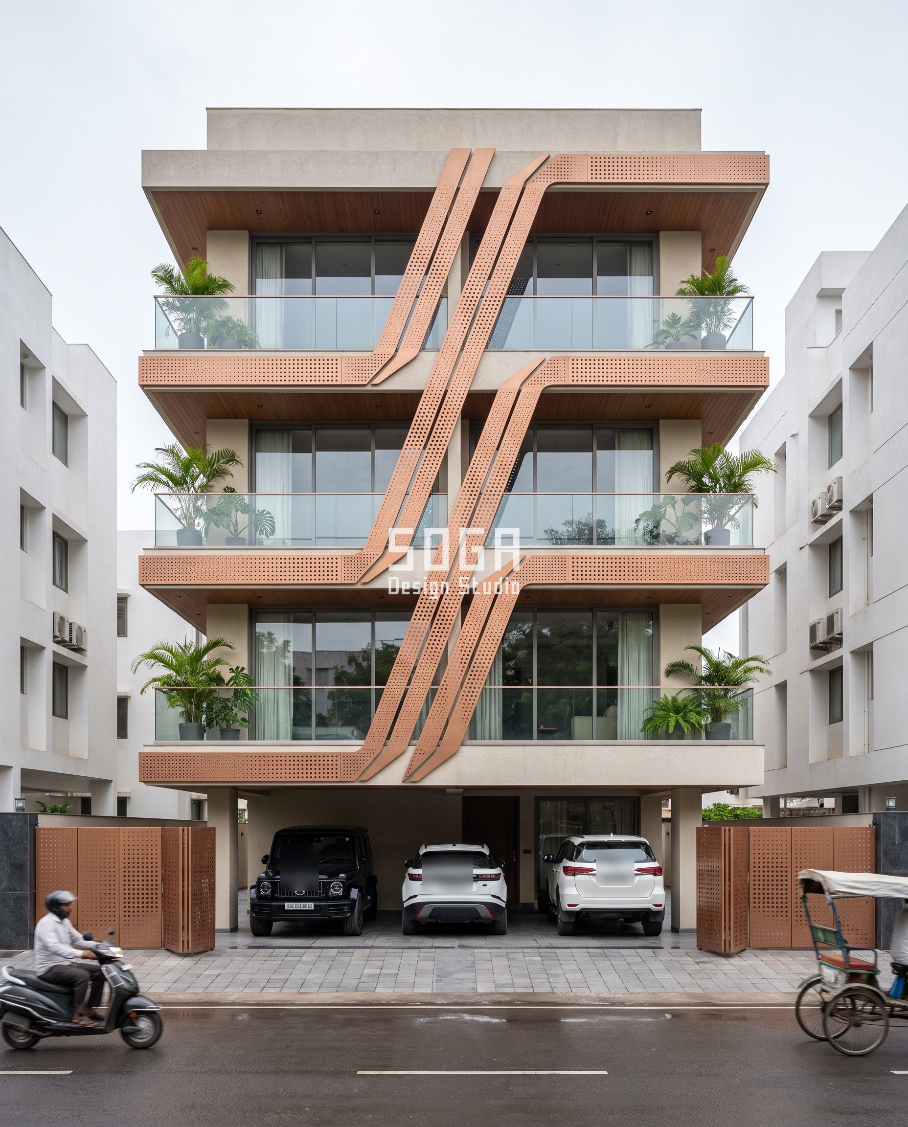 Ghar Ka Front Design Kaisa Ho? Size, Rate, 5 Photos 5 Ahmedabad me 45 feet plot ka modern ghar ka front design - copper bronze ribbons jo slab se diagonal uthte hain