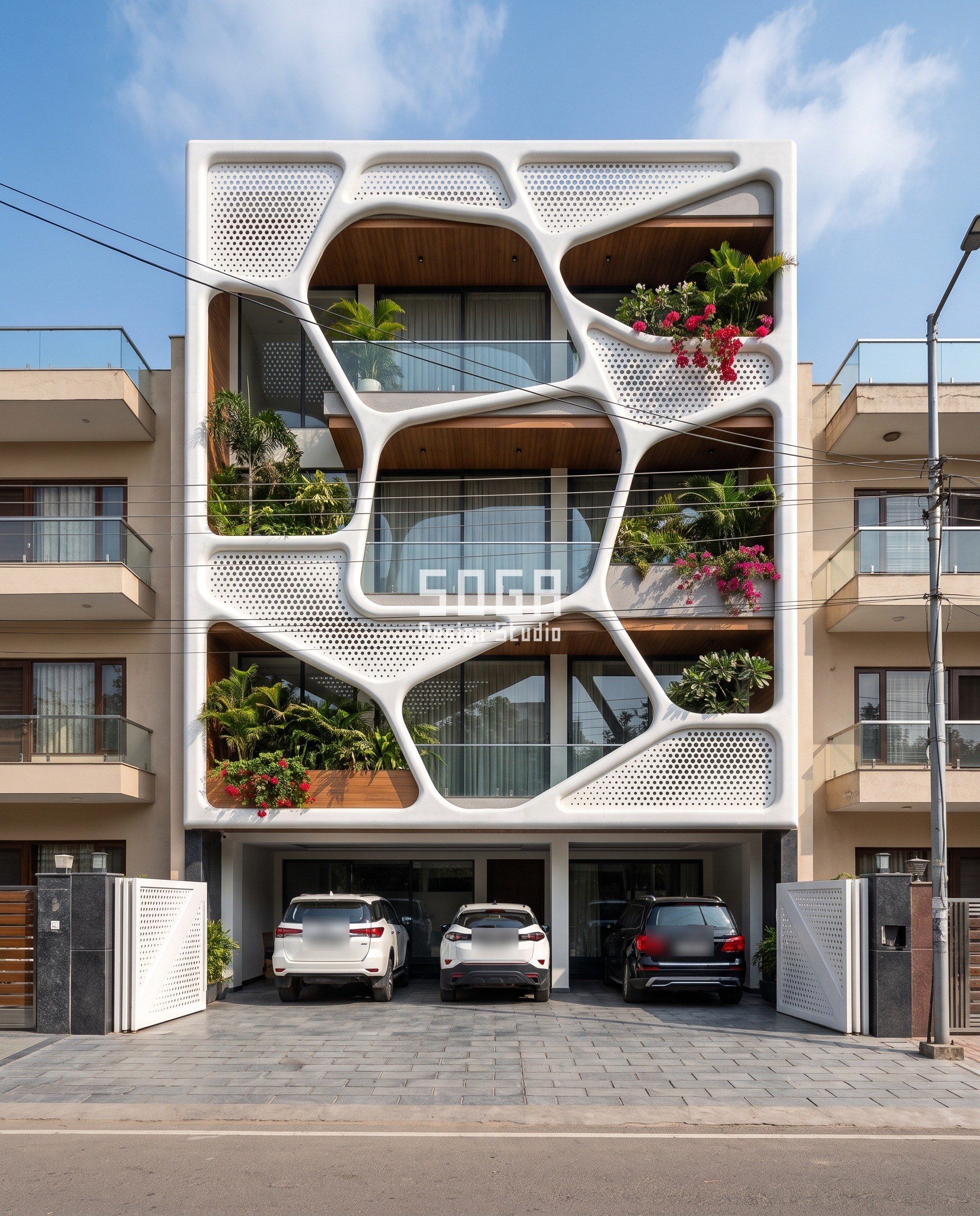 Ghar Ka Front Design Kaisa Ho? Size, Rate, 5 Photos 4 45 feet plot par teen manzil se upar G+3 ghar ka elevation design, Chandigarh - white GFRC cell frame