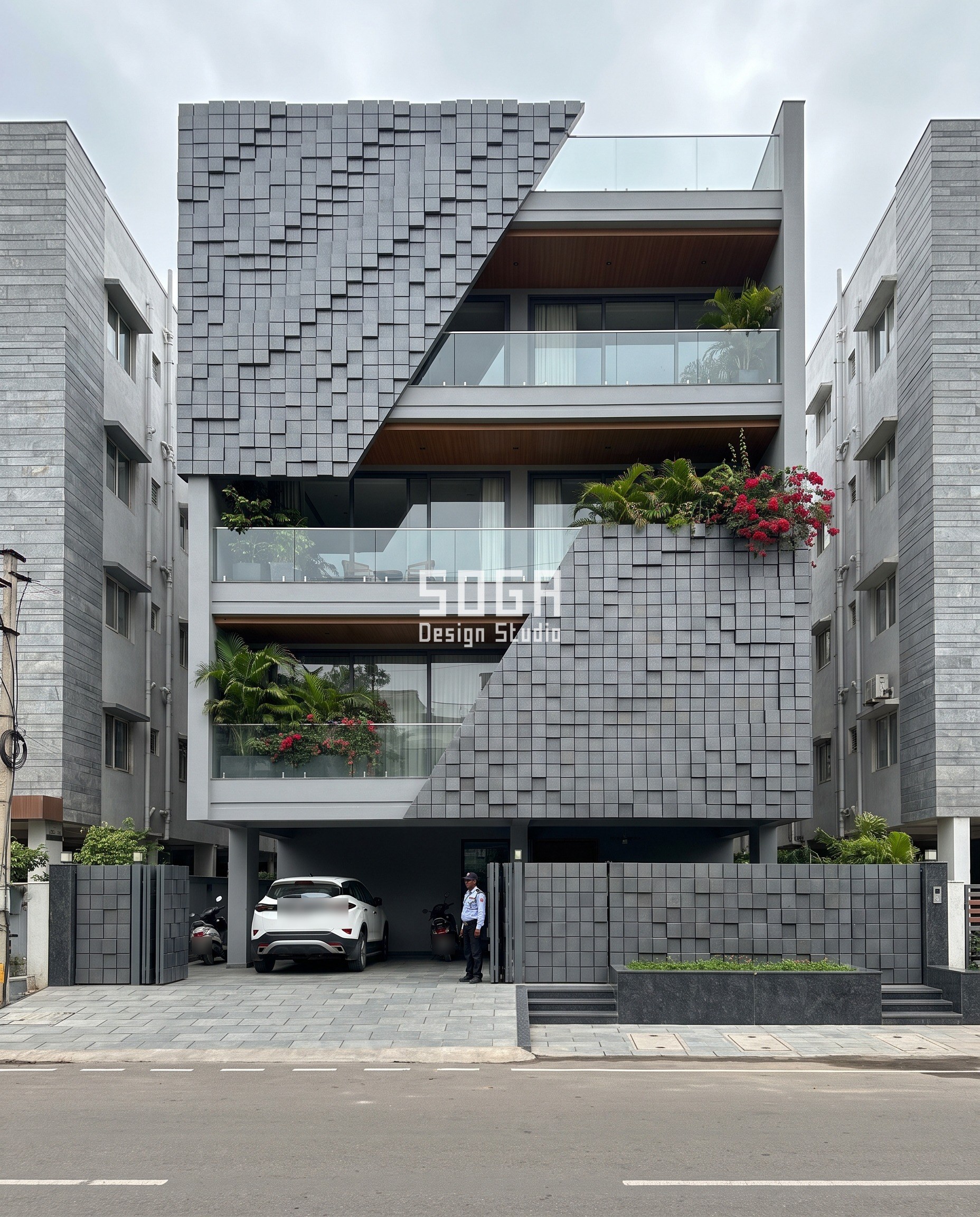 Ghar Ka Front Design Kaisa Ho? Size, Rate, 5 Photos 1 60 feet plot par G+4 ghar ka front design, Hyderabad - graphite pixel relief skin jo diagonal me split hoti hai