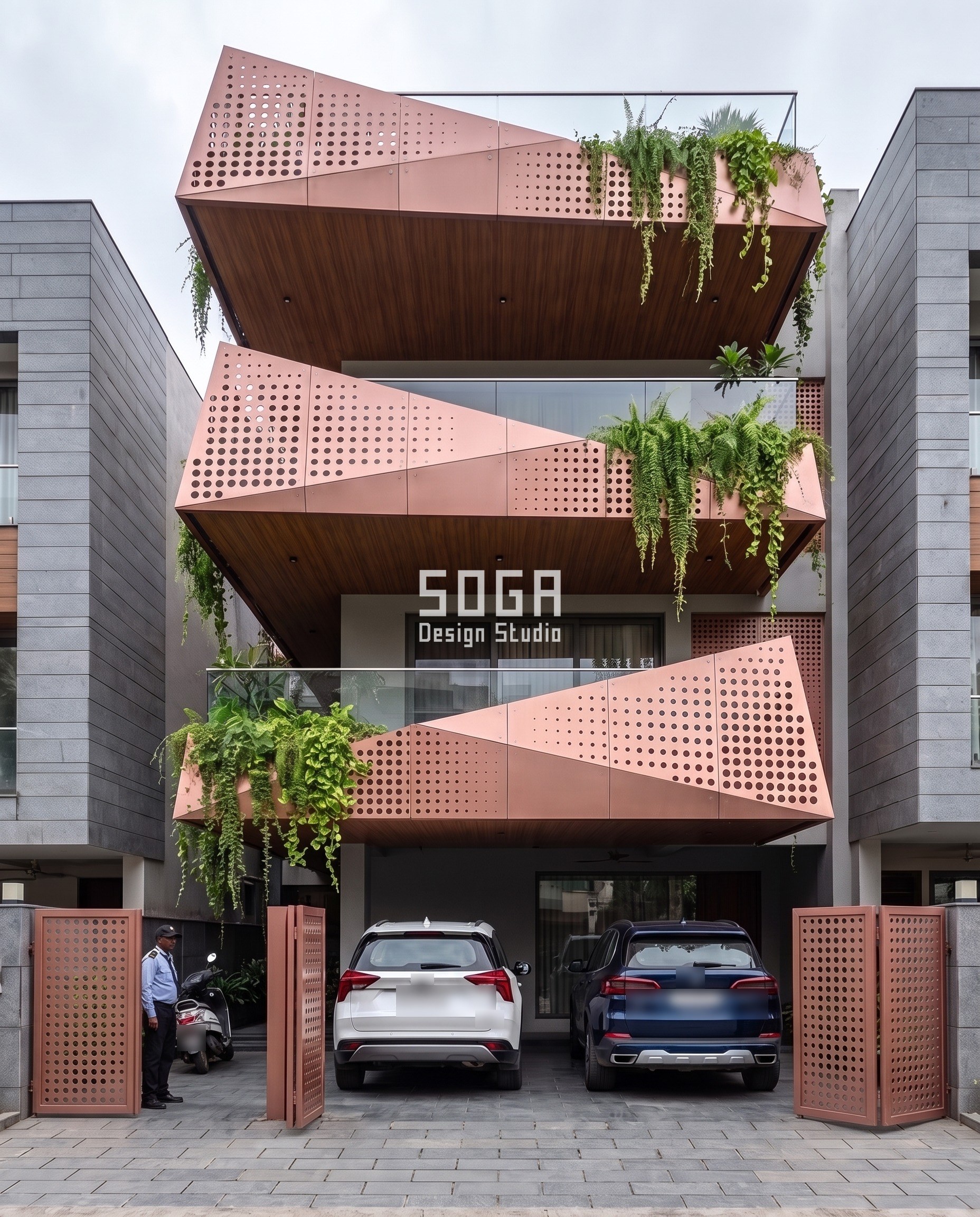 Ghar Ka Front Design Kaisa Ho? Size, Rate, 5 Photos 3 Indore me 60 feet plot ka G+3 makan ka front design - rose copper perforated trays har floor par 12 degree ghoomte hain