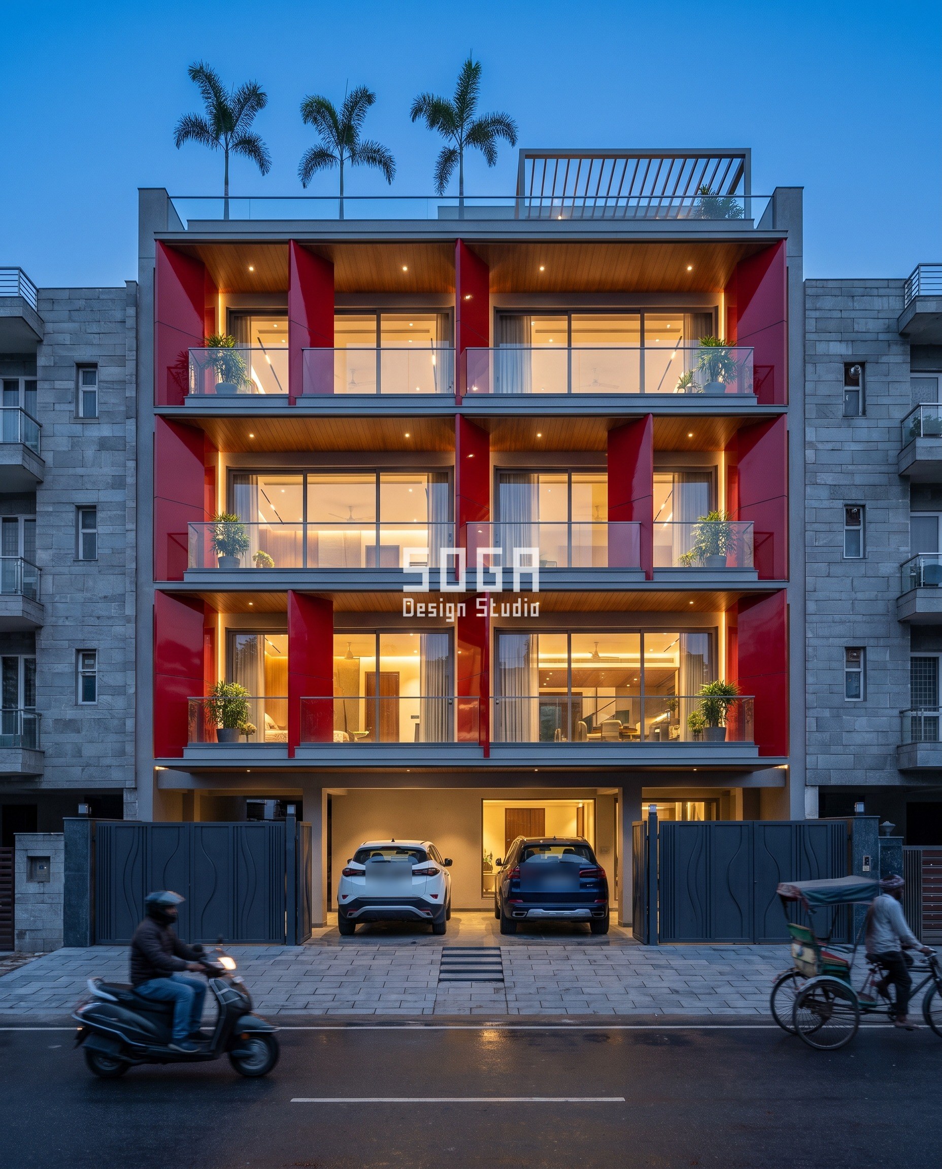 Ghar Ka Front Design Kaisa Ho? Size, Rate, 5 Photos 2 40 feet plot par G+3 ghar ka front design, Ludhiana - red folded fins jo har floor par angle badalte hain