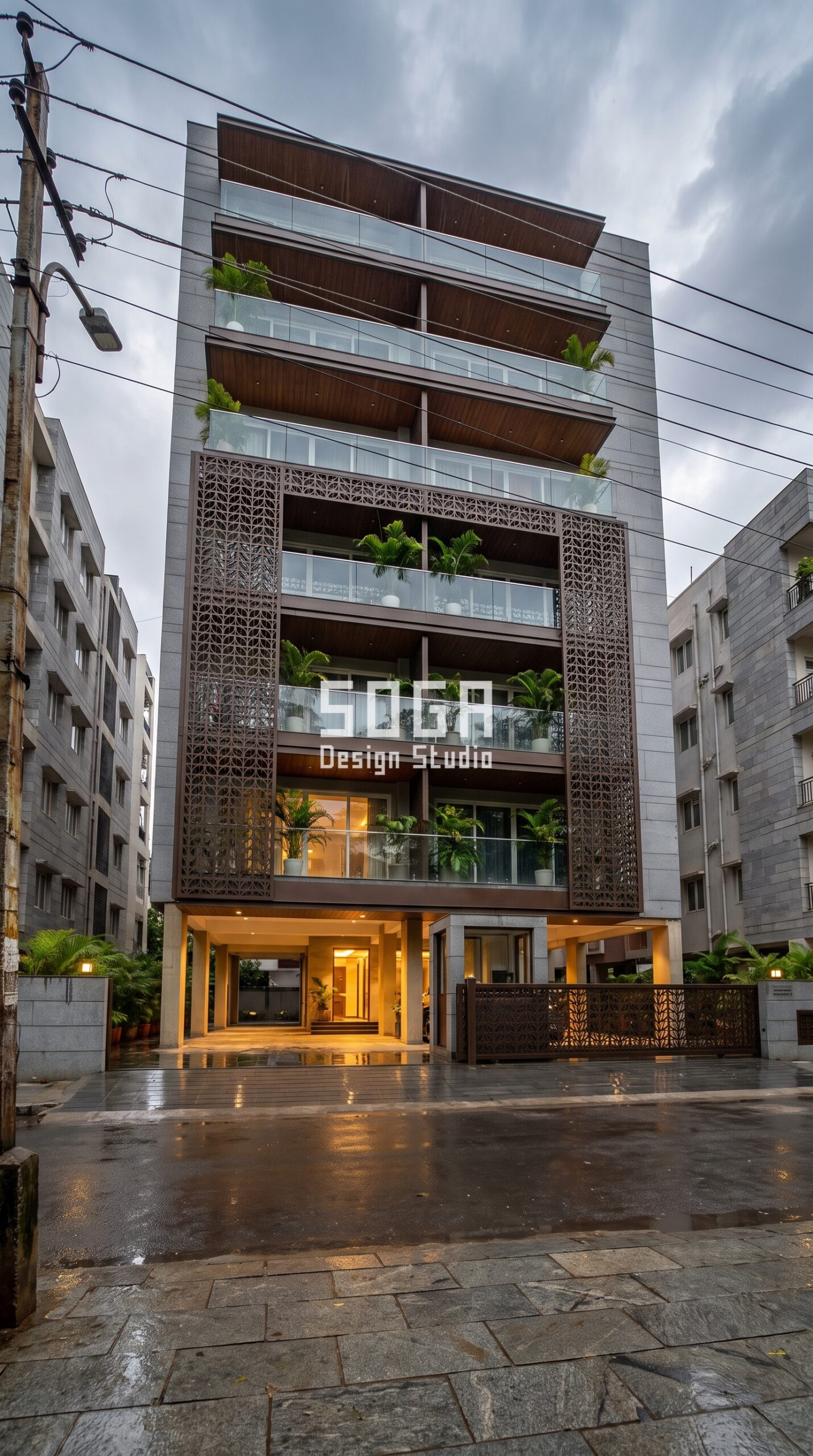 Glass Railing Elevation Design: 4 Indian Homes (2026) 3 Pattern / Relief Skin Wall / Jaali bronze facade, Bengaluru (Indiranagar) - SOGA Design Studio