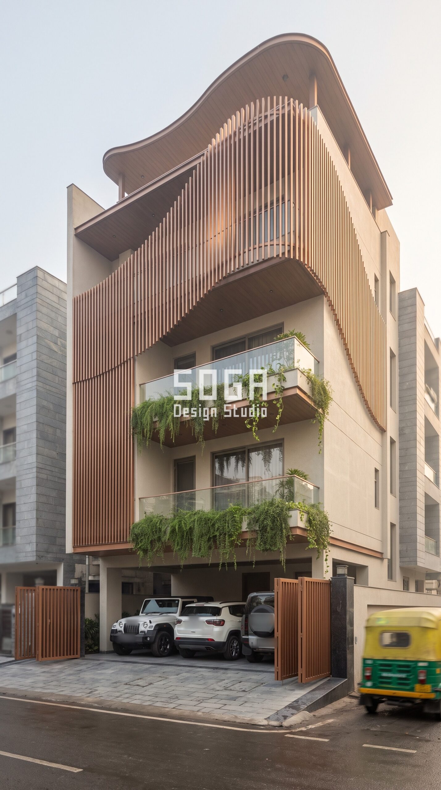 Glass Railing Elevation Design: 4 Indian Homes (2026) 2 Undulating Slab Ribbons / Fins copper bronze facade, Jaipur - SOGA Design Studio