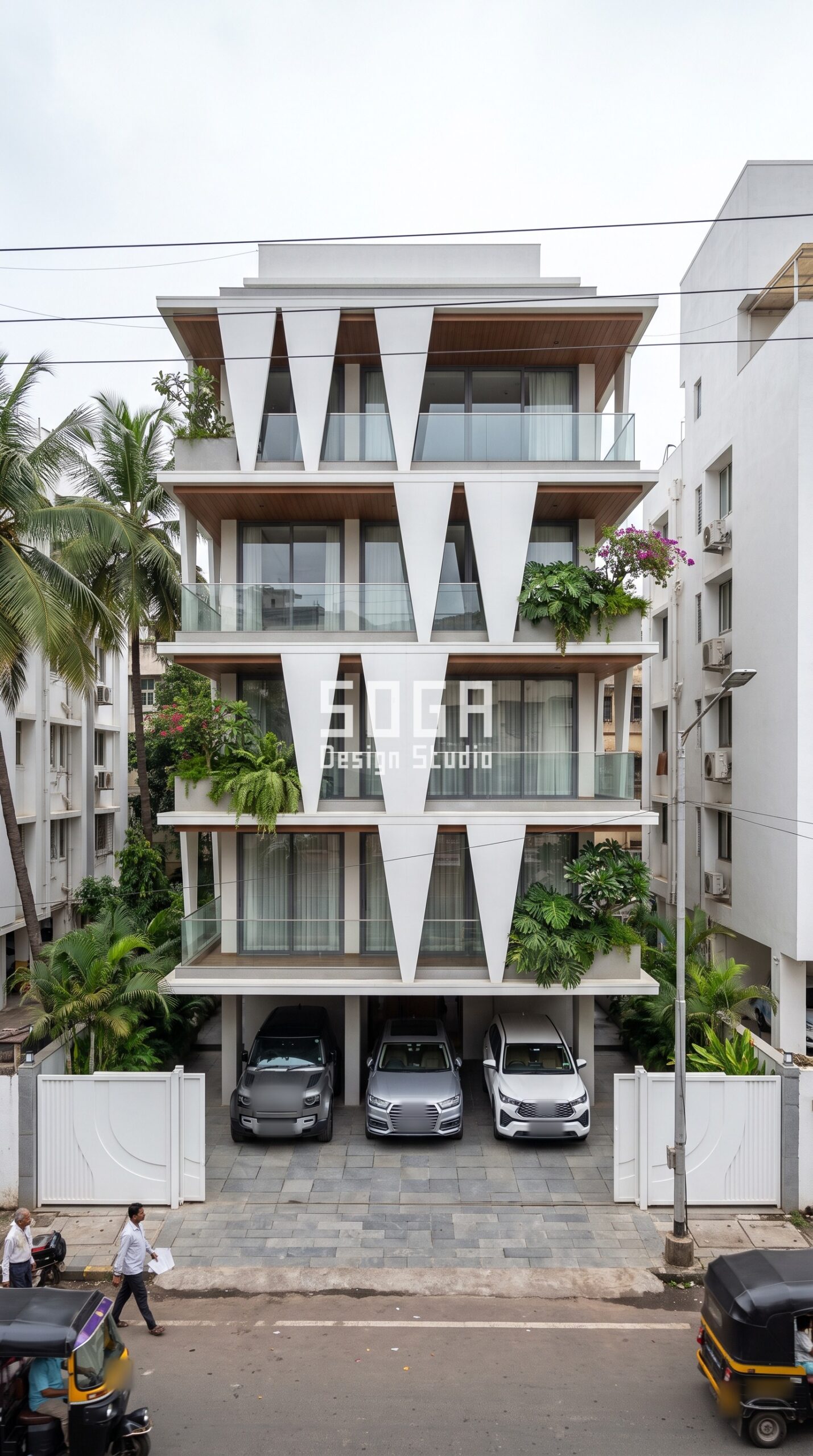 Mumbai G+4 builder floor elevation with white GFRC triangles drawn across frameless glass railings - SOGA Design Studio