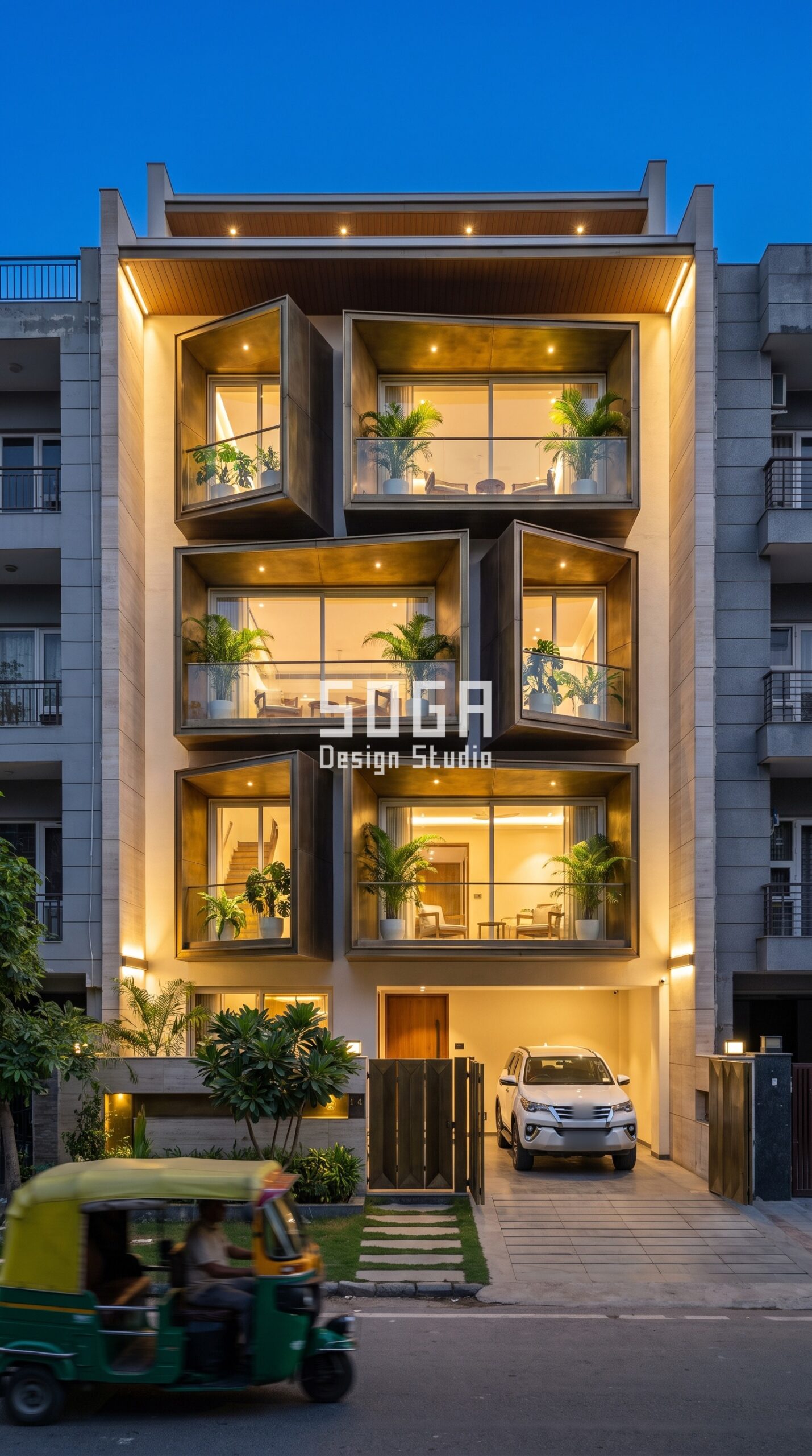 Glass Railing Elevation Design: 4 Indian Homes (2026) 4 Origami Frames & Exoskeleton / Faceted antique brass facade, South Delhi - SOGA Design Studio