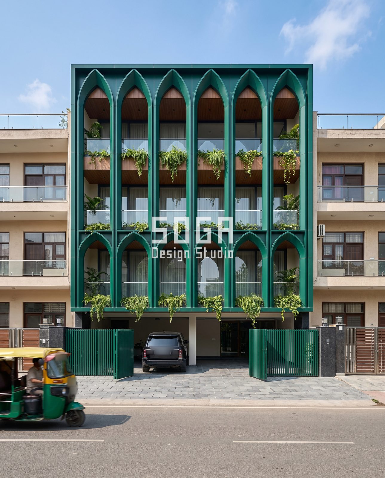 Boxes, Wings, Flutes, Blades and Arches: 5 Compact House Facade Ideas for India 5 Deep green lancet arch frame with planters and timber arch heads on a four-storey narrow facade, India