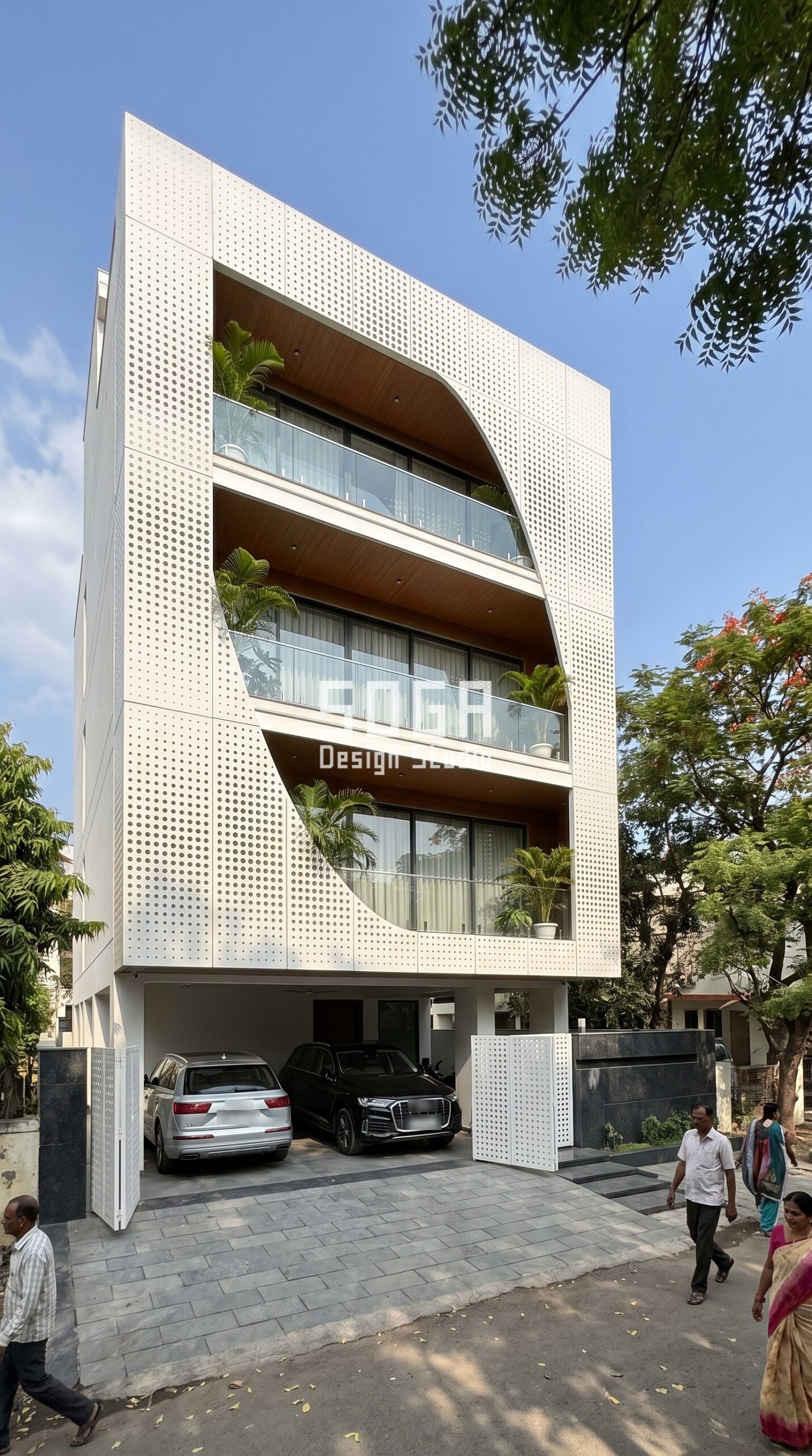 Main Gate Design Matching Elevation: Lucknow & India 2026 4 Shingle Skin Sculpture / Perforated white gfrc facade, Indore - SOGA Design Studio