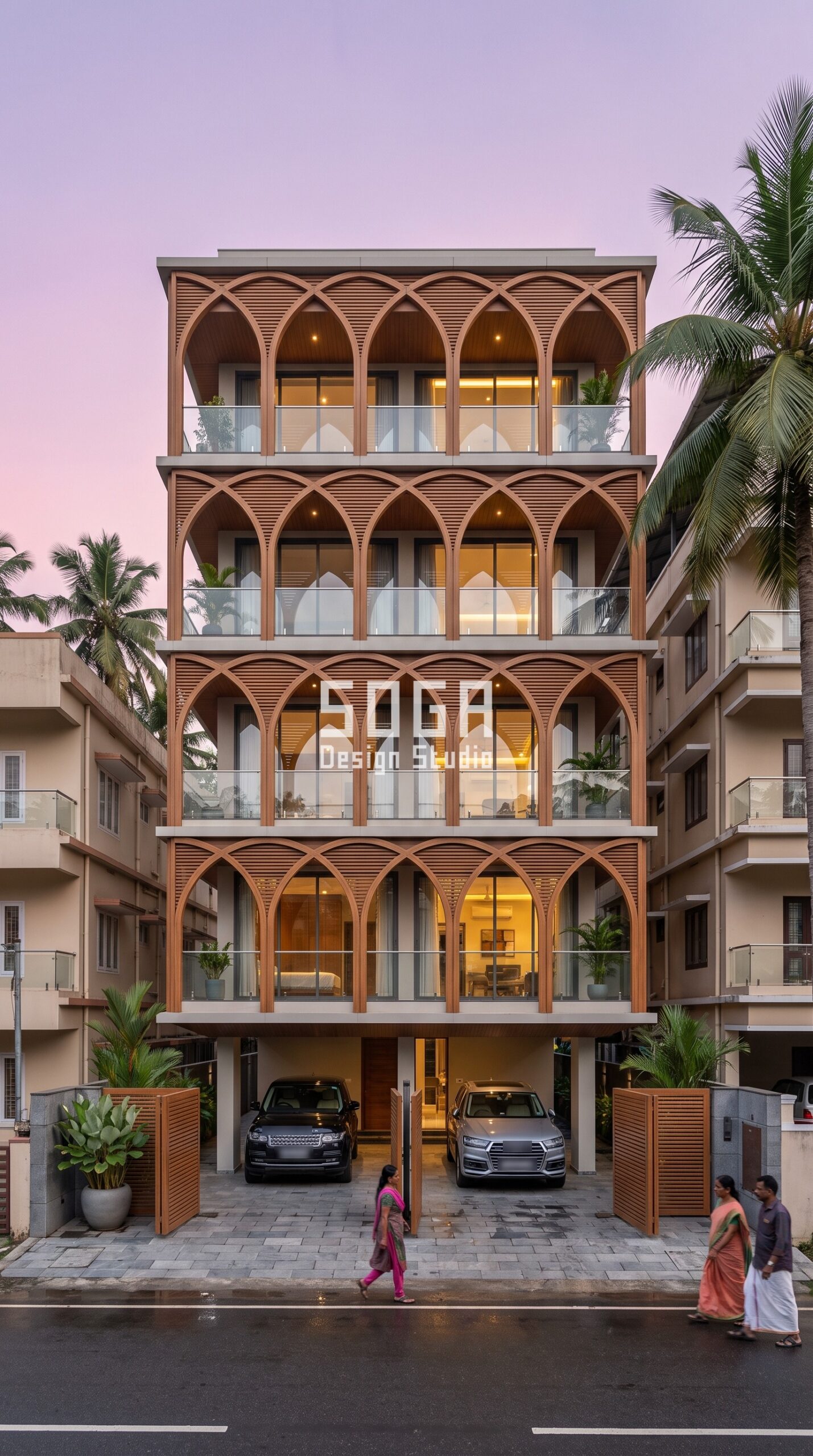 Main Gate Design Matching Elevation: Lucknow & India 2026 3 Arches, Vaults & Loops / Ribbed teak wood-finish alu facade, Kochi - SOGA Design Studio