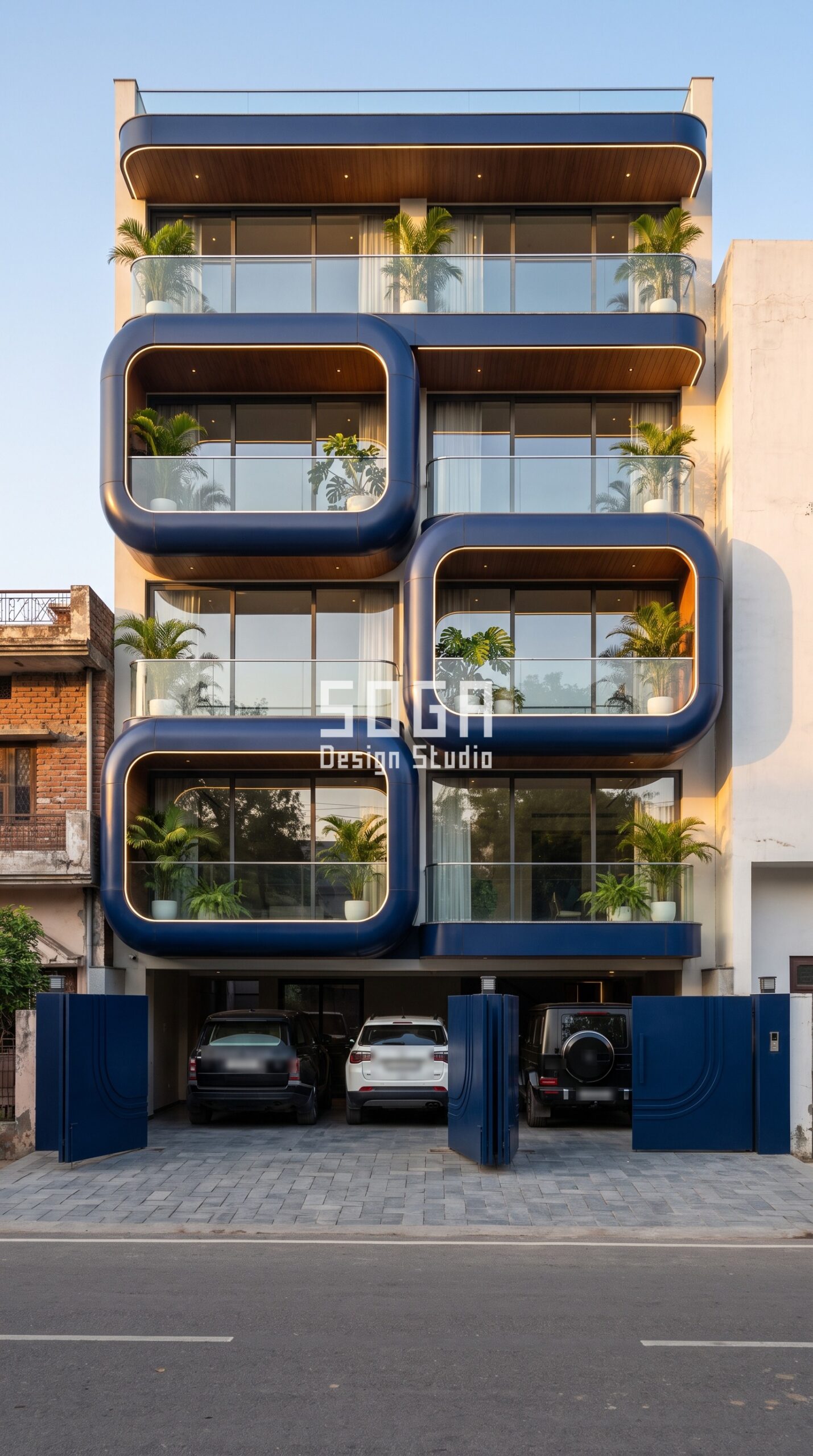 Main Gate Design Matching Elevation: Lucknow & India 2026 5 Navy metallic loops wrapping balcony pairs on a G+3 builder floor in Lucknow, with folding gate leaves carrying the same curve as a shallow relief - SOGA Design Studio
