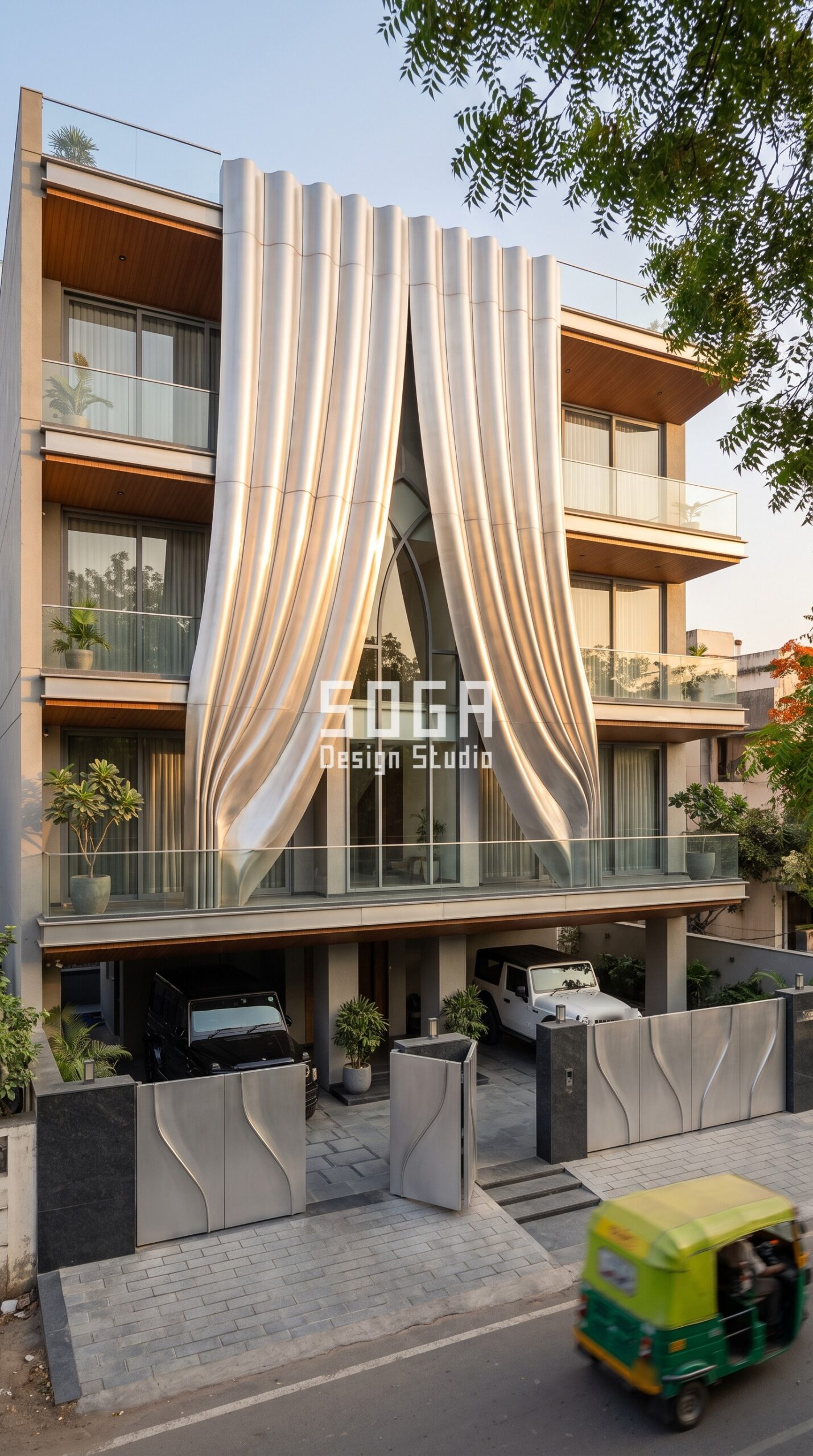 Main Gate Design Matching Elevation: Lucknow & India 2026 2 Fabric Drape / Curtain / Smooth silver facade, Surat - SOGA Design Studio