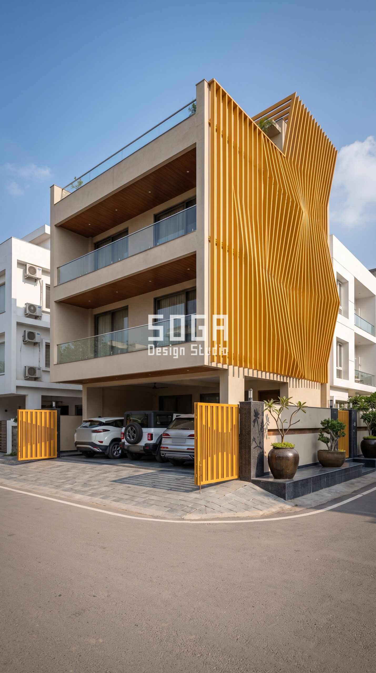 G+3 corner house elevation in Chandigarh with saffron twisting vertical fins running unbroken from stilt to parapet - SOGA Design Studio