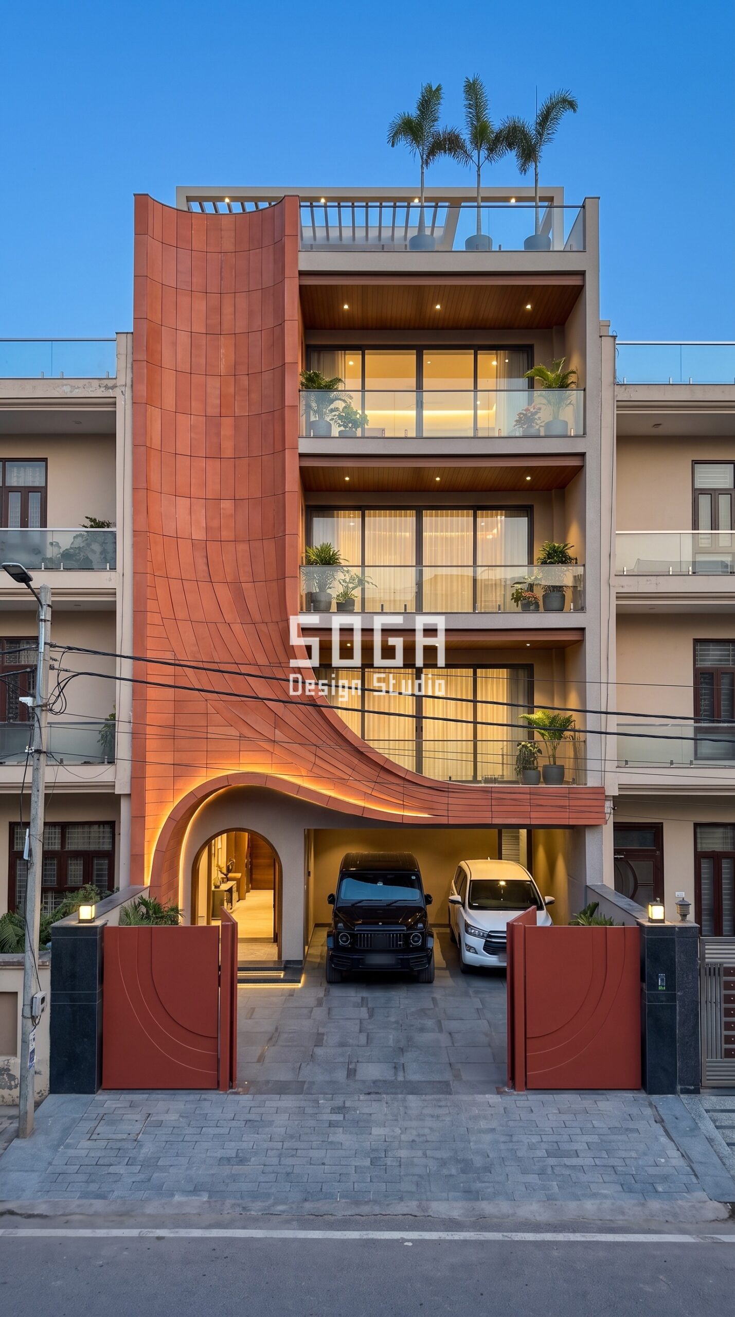 How to Make a House Elevation Look Taller (India 2026) 3 Carved Monolith / Organic Frame / Smooth terracotta facade, Gurugram - SOGA Design Studio