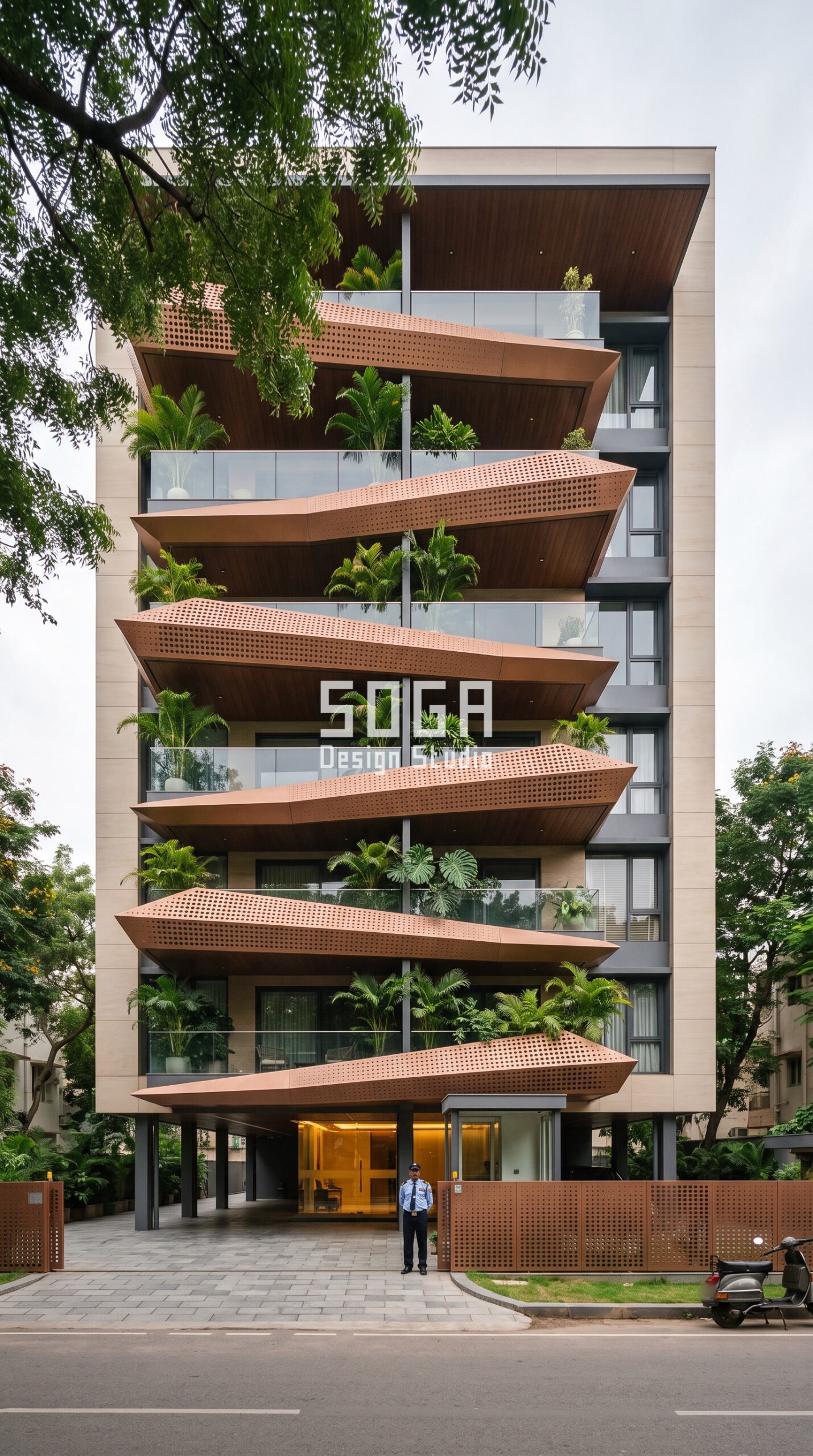 How to Make a House Elevation Look Taller (India 2026) 2 Rotated Faceted Trays / Perforated copper bronze facade, Hyderabad (Jubilee Hills) - SOGA Design Studio