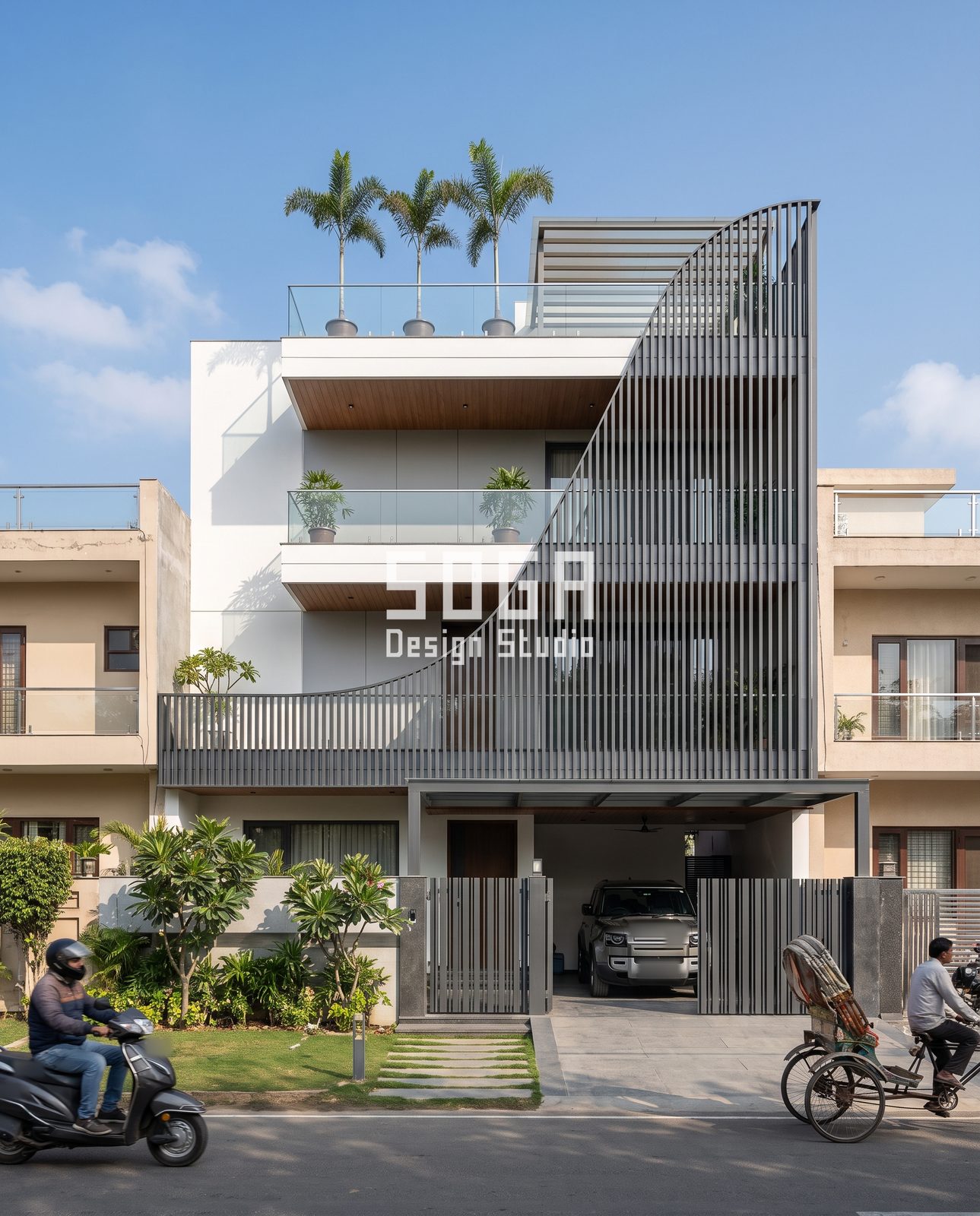 Slat and Fin Facade Ideas India: 4 Concepts for Shops and Homes 2 Narrow G+2 house in India with a graphite vertical slat wave rising to a tall blade above the terrace, white walls
