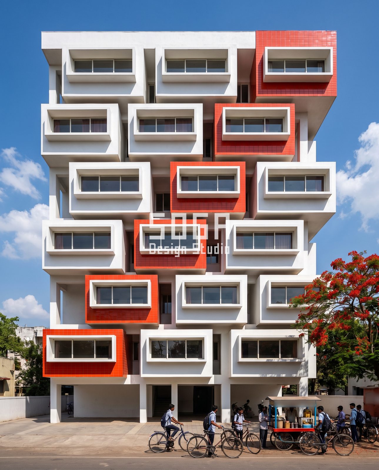 Staggered white cantilever boxes with six red tile boxes on a stilt apartment block, concept facade India