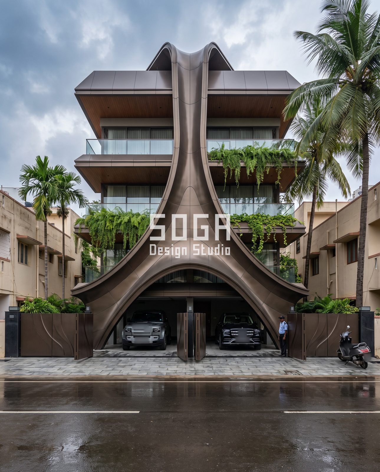 Spine, Capsule, Lancet, Ribbon and Frame: 5 Cantilever Balcony Facade Ideas for India 5 Bronze-tone sculpted spine rising from a ground arch to two curled horns above a house in India on a wet day
