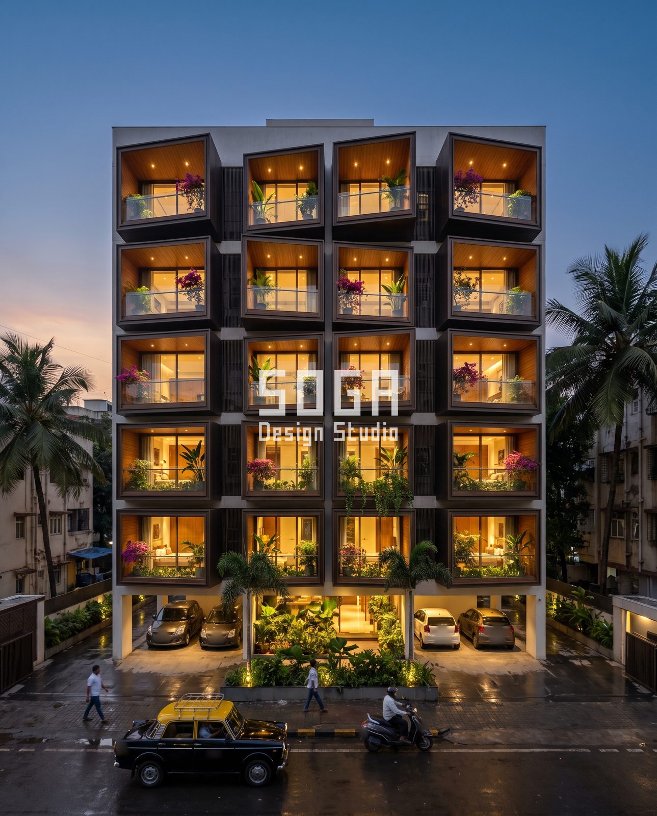 Curtain, Lit Bay, Diamond, Fin and Arch: 5 Elevation Ideas for Indian Homes 2 Monsoon dusk elevation in India: 4 by 5 grid of dark bronze-tone box bays with lit timber ceilings and planters