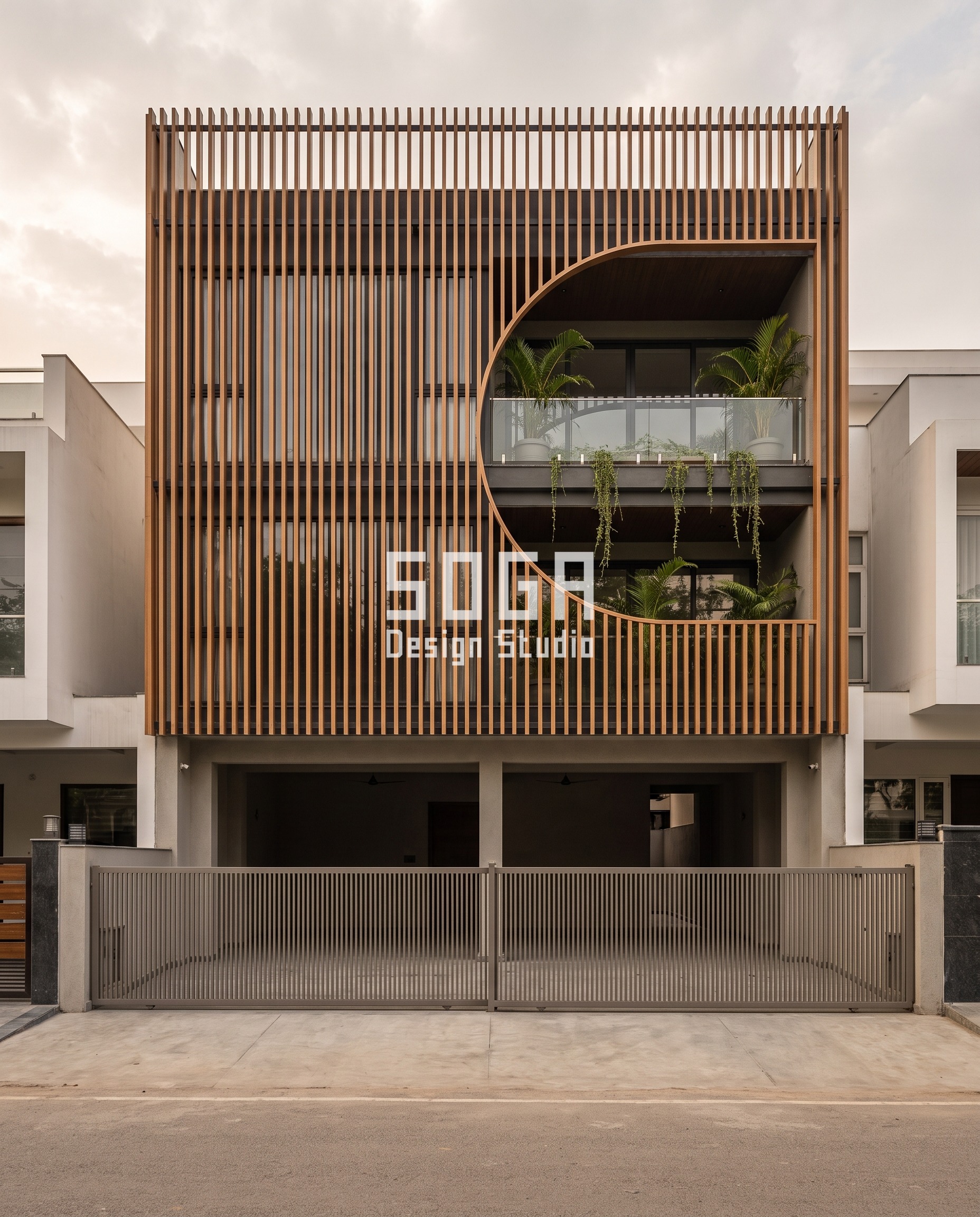 North Facing House Elevation Design India: 8 Hours of Sun 1 Parametric Fin Veil timber-shade metal facade, Chandigarh - SOGA Design Studio