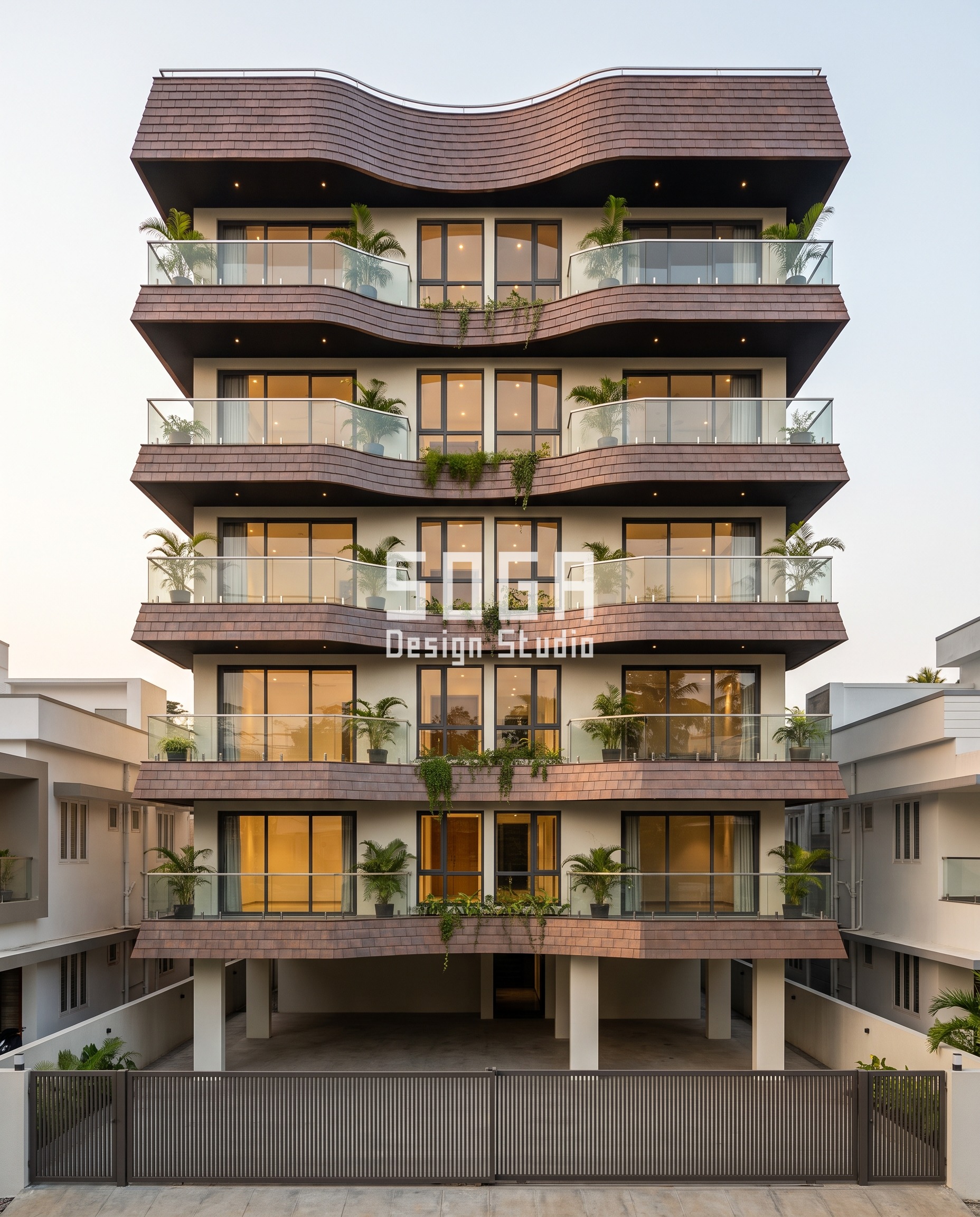 North Facing House Elevation Design India: 8 Hours of Sun 3 Parametric Overhang Band oxidised copper shingle facade, Kakkanad, Kochi - SOGA Design Studio