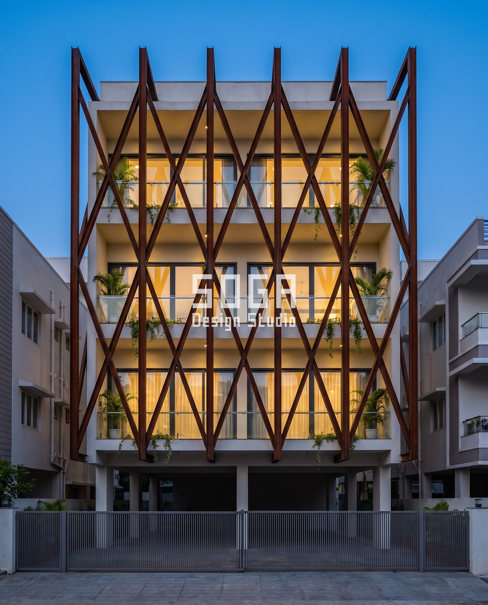 North Facing House Elevation Design India: 8 Hours of Sun 4 Parametric Corten Diagrid corten weathering steel facade, Vizag - SOGA Design Studio