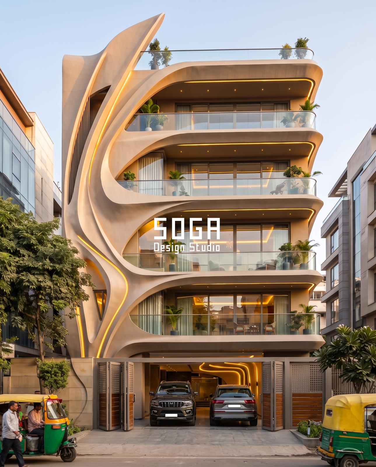 Organic Facade Design: Why It Doesn't Mean Curves 1 Organic facade design with a branching sculptural structure forming the balcony edges on a residence in India by SOGA Design Studio