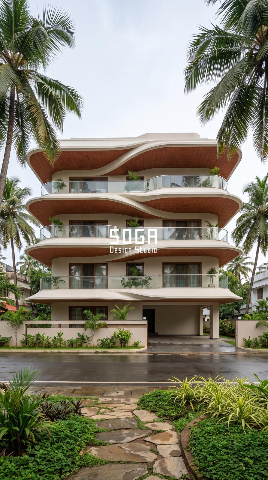 Organic Facade Design: Why It Doesn't Mean Curves 5 Organic facade design with rounded balcony bands and timber soffits on a tropical site in India