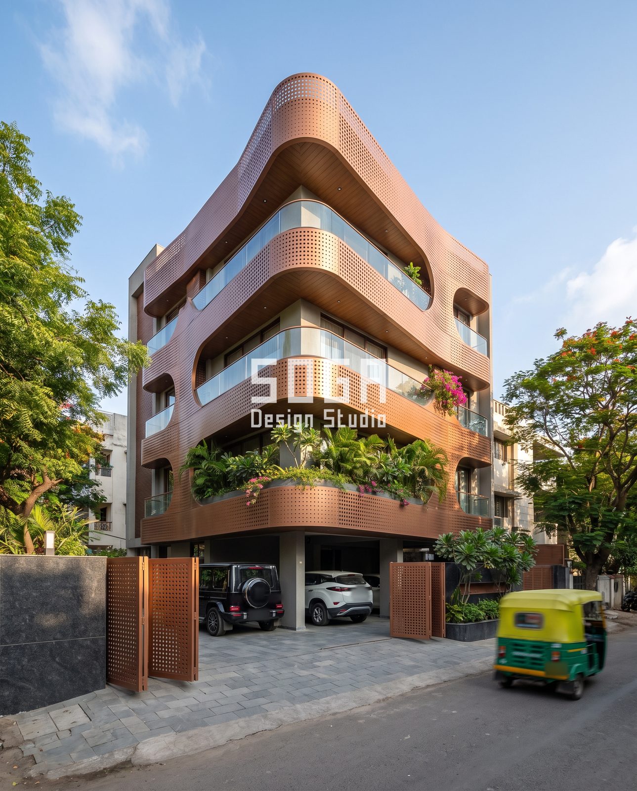 Arched, Draped, Curved and Tilted: 5 Balcony Facade Ideas for Indian Homes 3 Curved wave-form balcony facade India with perforated terracotta-tone bands and a sweeping crown