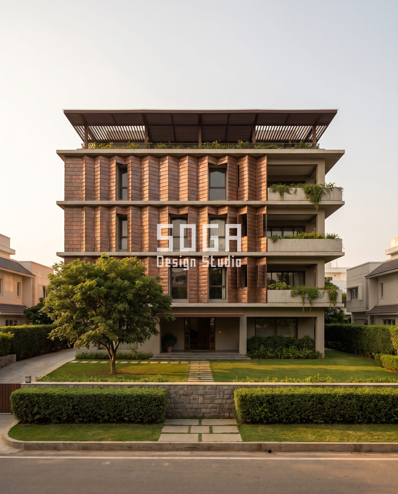 Brick Texture Facade Ideas India: 5 Depth Concepts, from Pushed Brick to Red Boxes 10 Golden-hour India villa elevation with terracotta-tone sawtooth tile fins, deep planted balconies and a slatted roof pergola