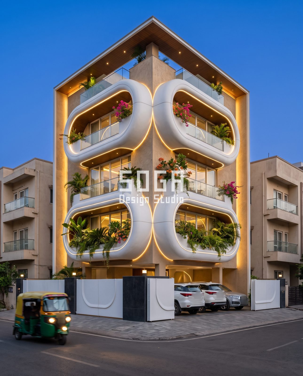 Slats, Folds, Loops, Arches and Ribbons: 5 Copper-Tone Balcony Facade Ideas for India 3 White rounded loop balconies mirrored on a corner house with warm LED edges at dusk, India