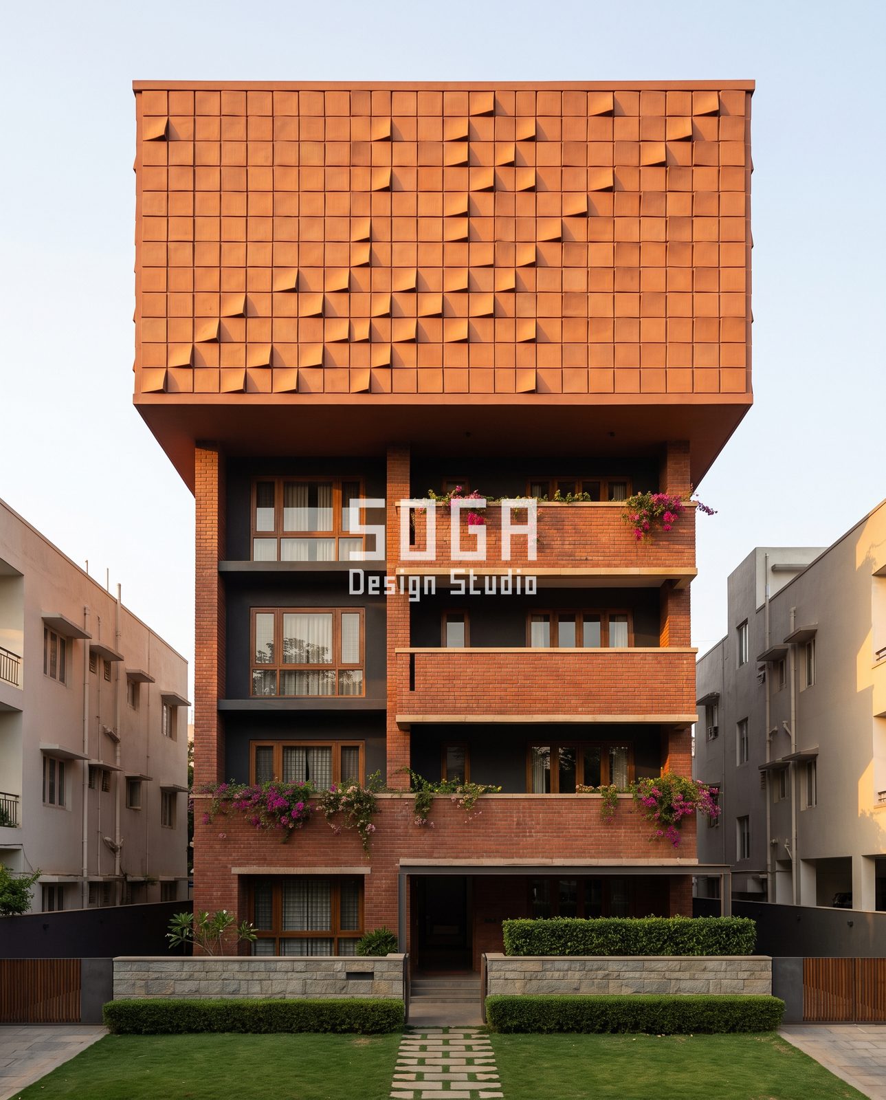 Orange terracotta tile cube with tipped flap tiles cantilevered over a red brick base, concept facade India