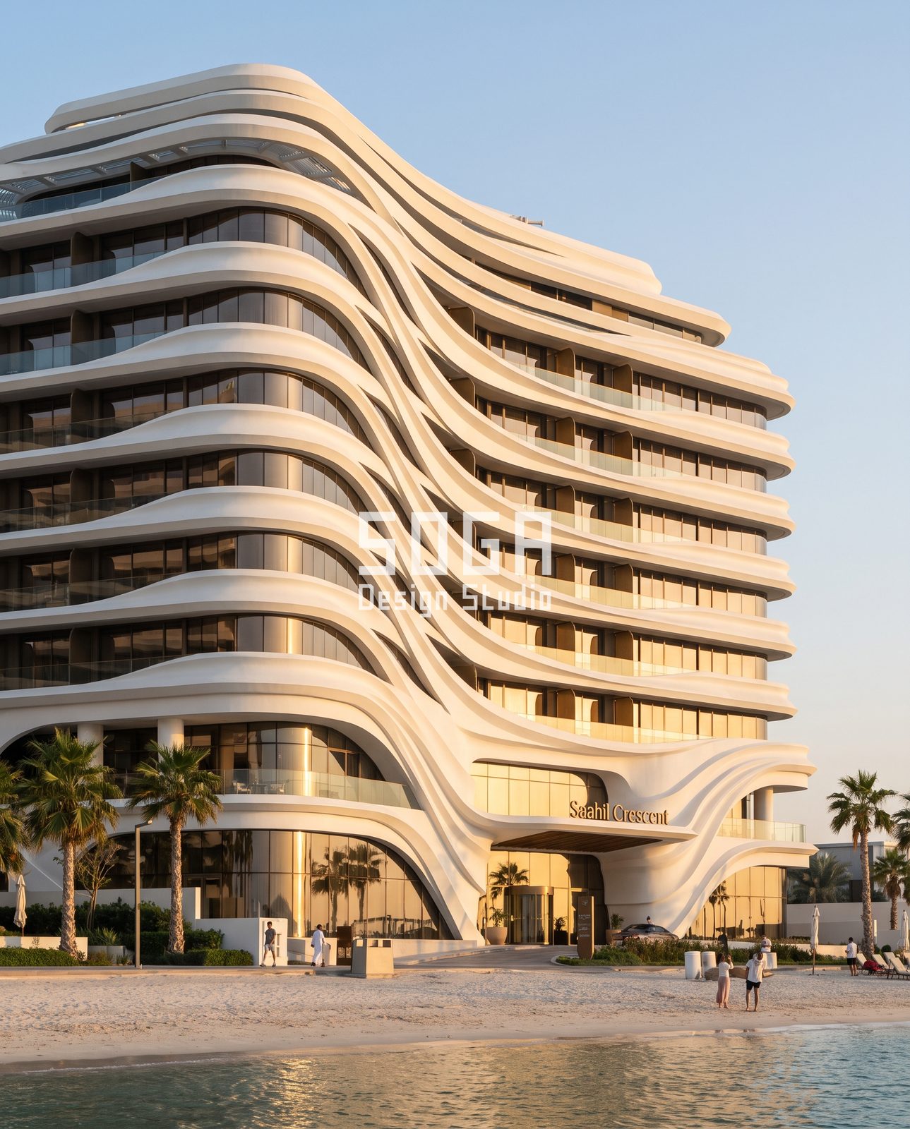 White sculpted ribbon slab edges on a curved beachfront residential tower, resort-style concept for India