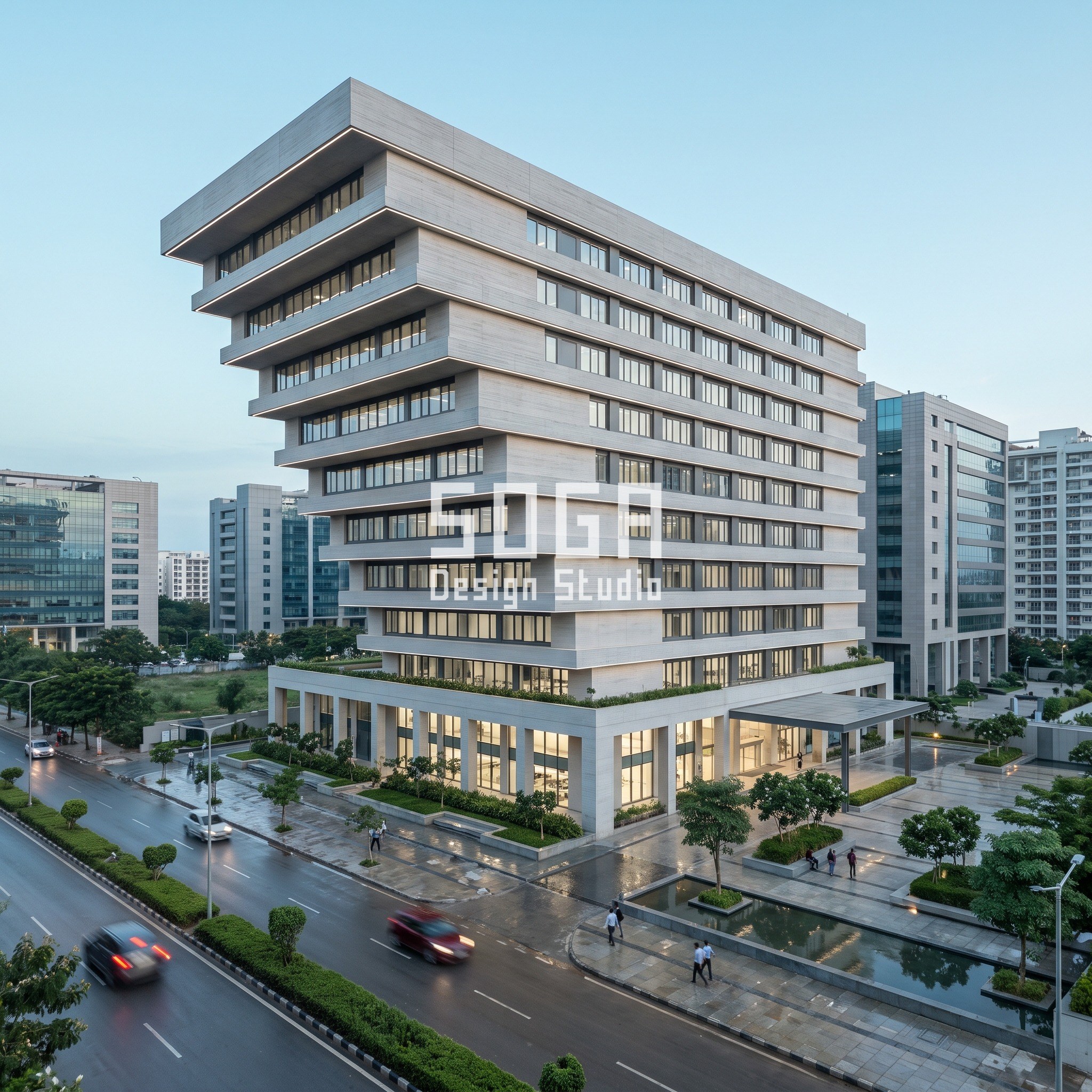 Retail Street Facade Design Dubai: The Fin Depth Rule 2 Cantilevered floor plate stack on a Bengaluru corporate office tower