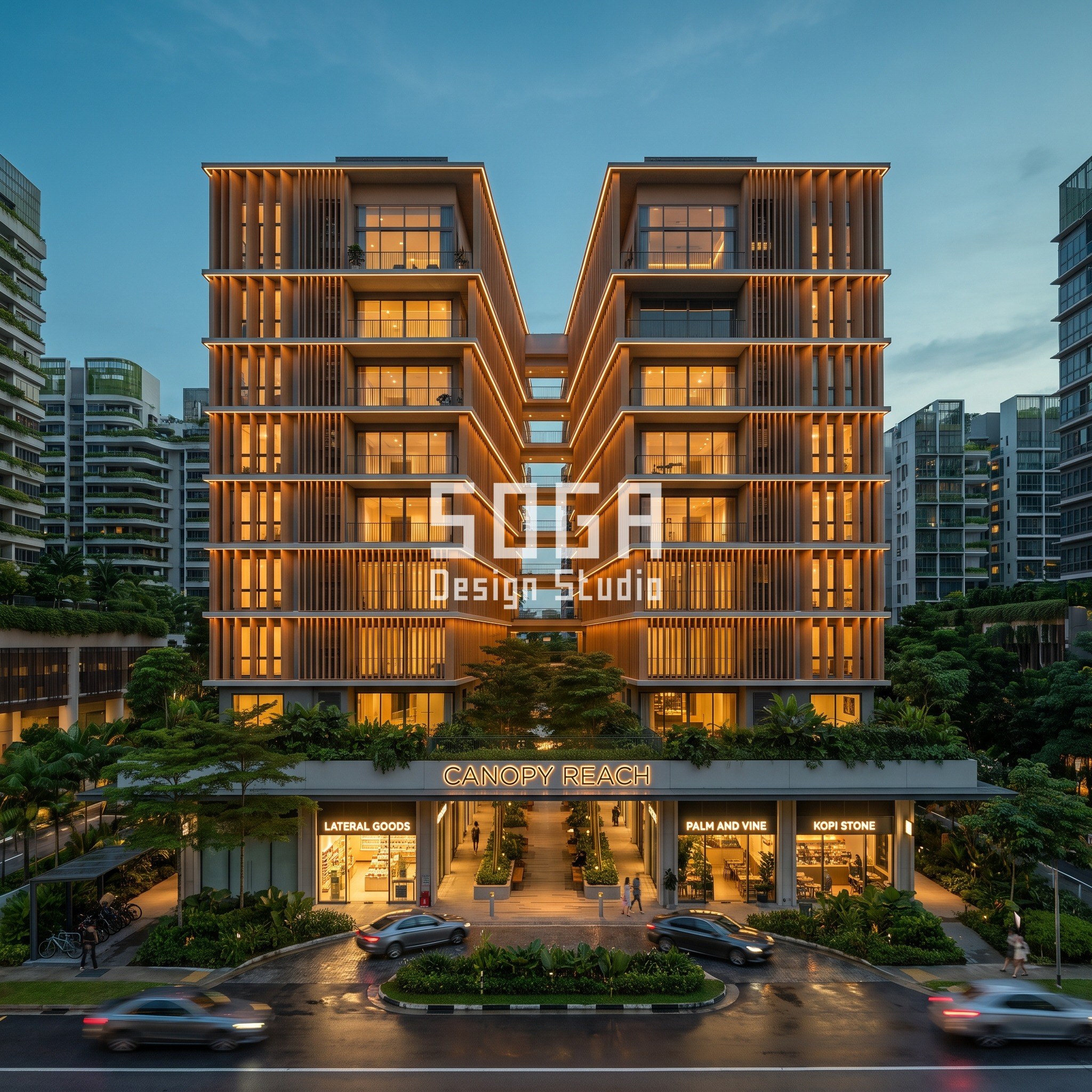 Retail Street Facade Design Dubai: The Fin Depth Rule 5 Canyon-cut mixed-use development Canopy Reach in Singapore with timber-look fins