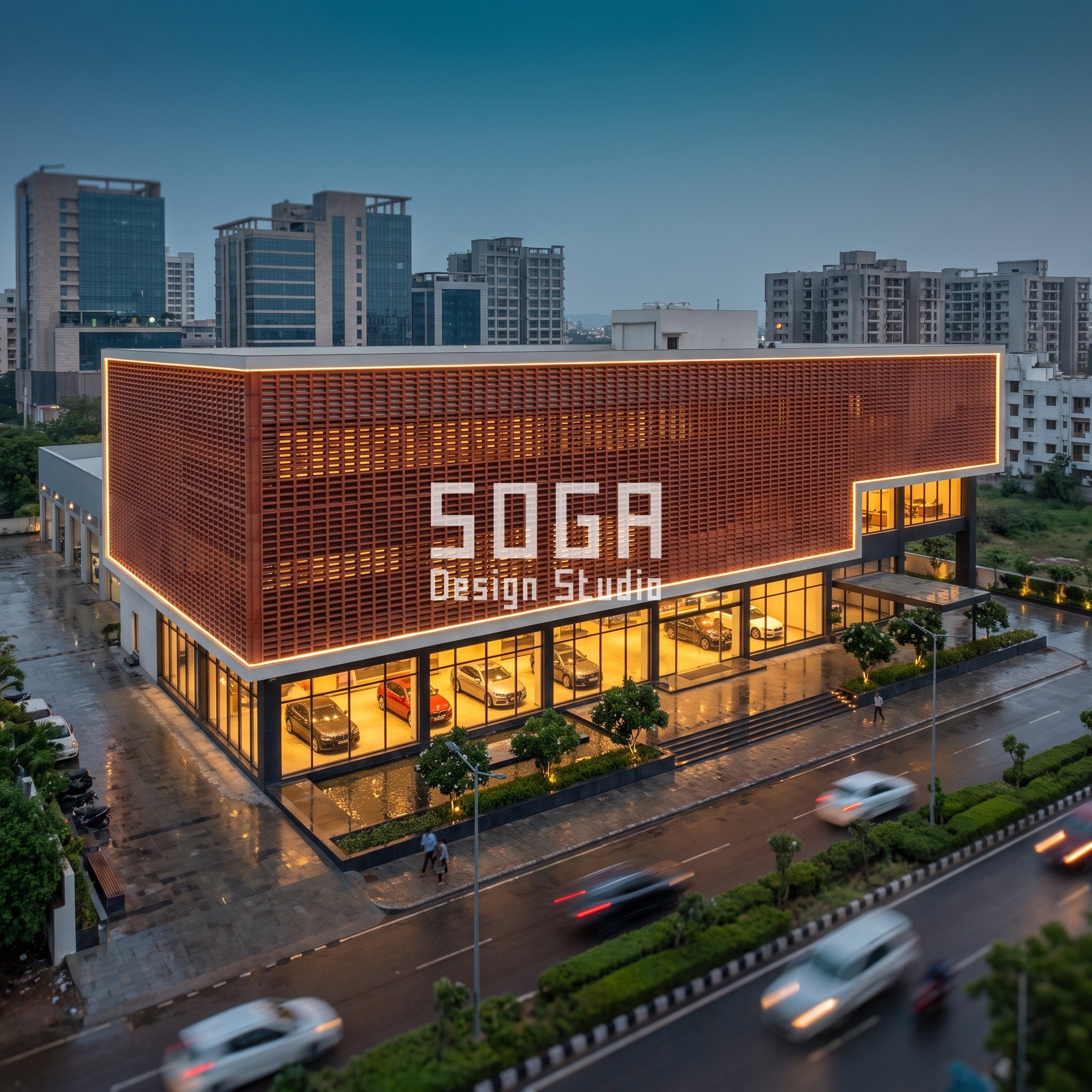 Retail Street Facade Design Dubai: The Fin Depth Rule 3 Perforated terracotta cell density gradient on a Jaipur automobile showroom