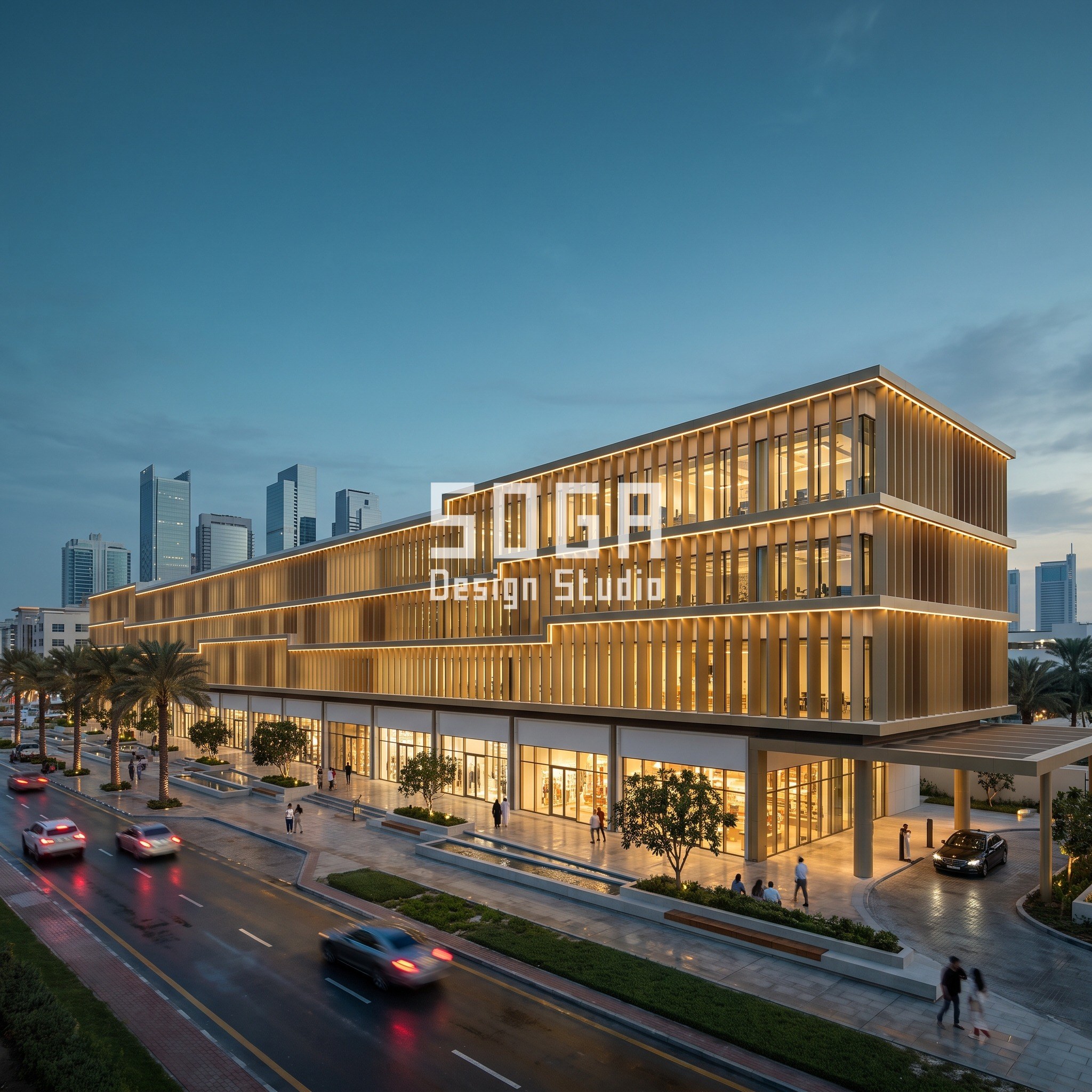 Retail Street Facade Design Dubai: The Fin Depth Rule 1 Parametric fin depth gradient on a Dubai retail street facade, Al Wasl Road