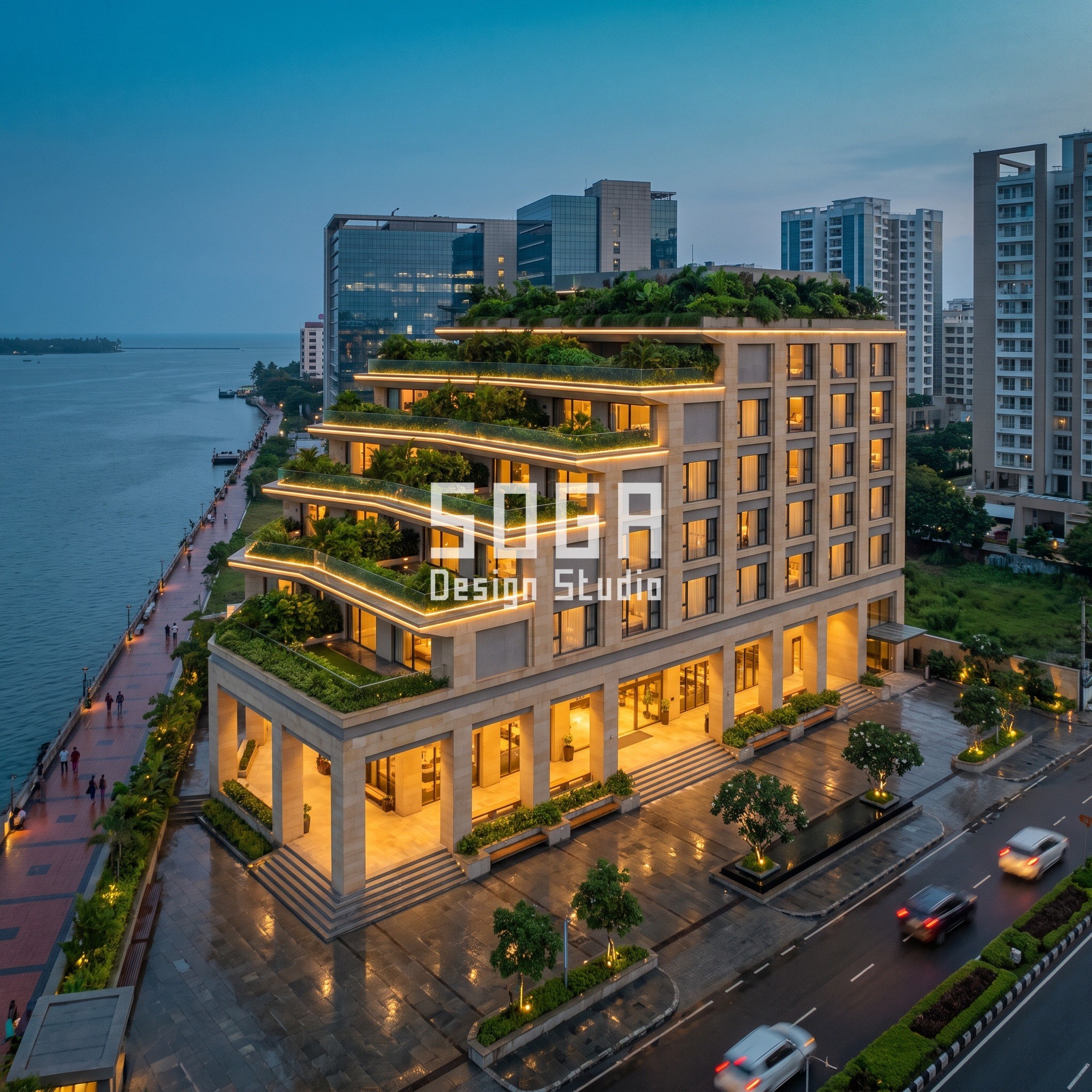 Retail Street Facade Design Dubai: The Fin Depth Rule 4 Stepped planted terrace cascade on a Kochi backwater boutique hotel