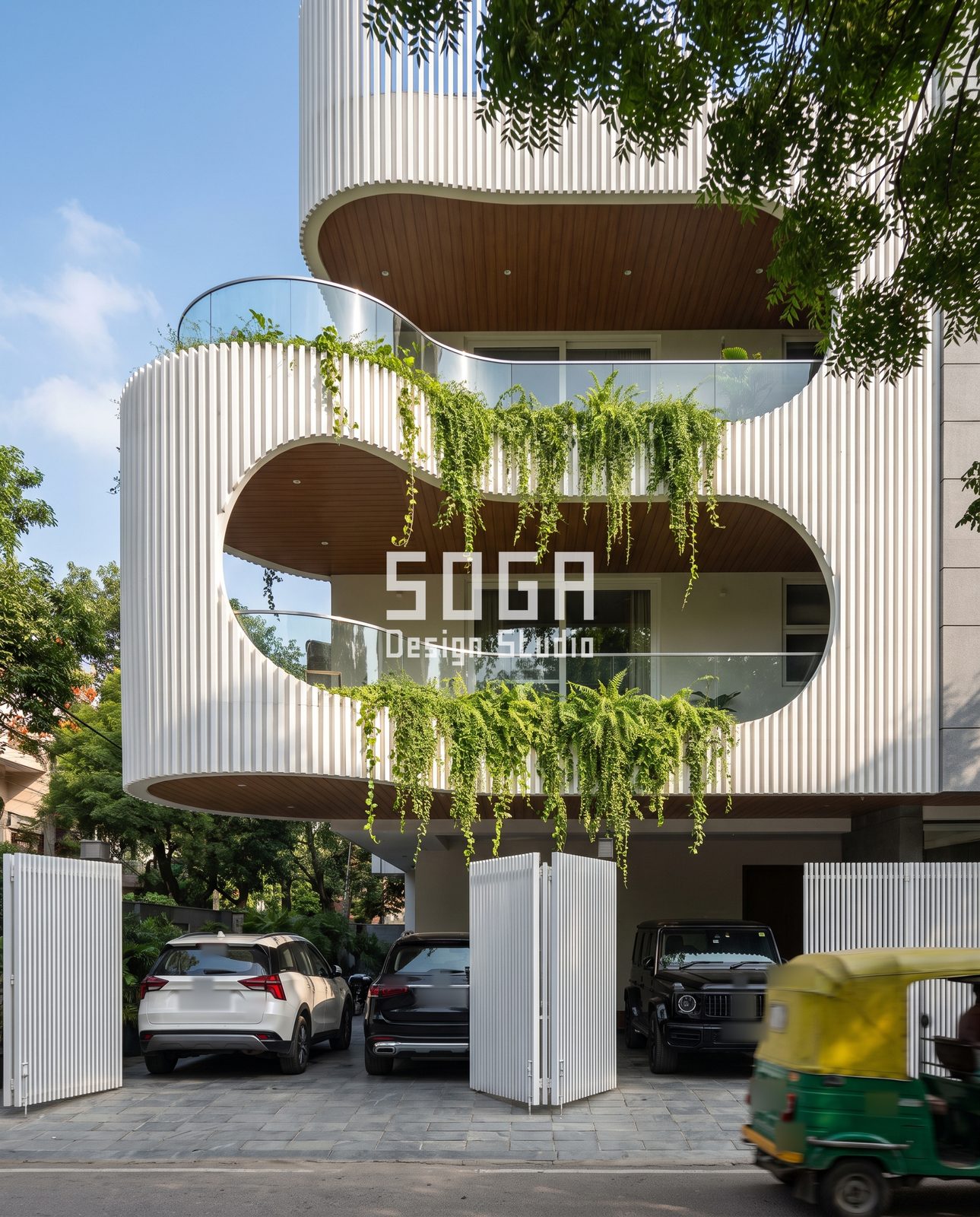 Arches, Ribbons, S-Curves, Notches and Blades: 5 Balcony Cutout Facade Ideas for Indian Homes 3 White fluted India facade with S-shaped balcony cutouts, curved glass balustrades, timber-tone soffits, hanging ferns