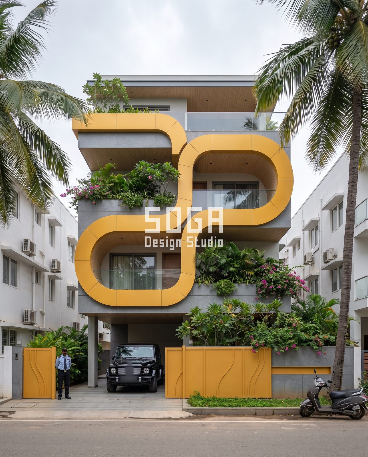 Twisted, Looped, Leaning, Waved and Slatted: 5 Sculptural Balcony Facade Ideas for Indian Homes 2 Ochre ribbon loops wrapping two balcony floors of a G+3 house with planters, India