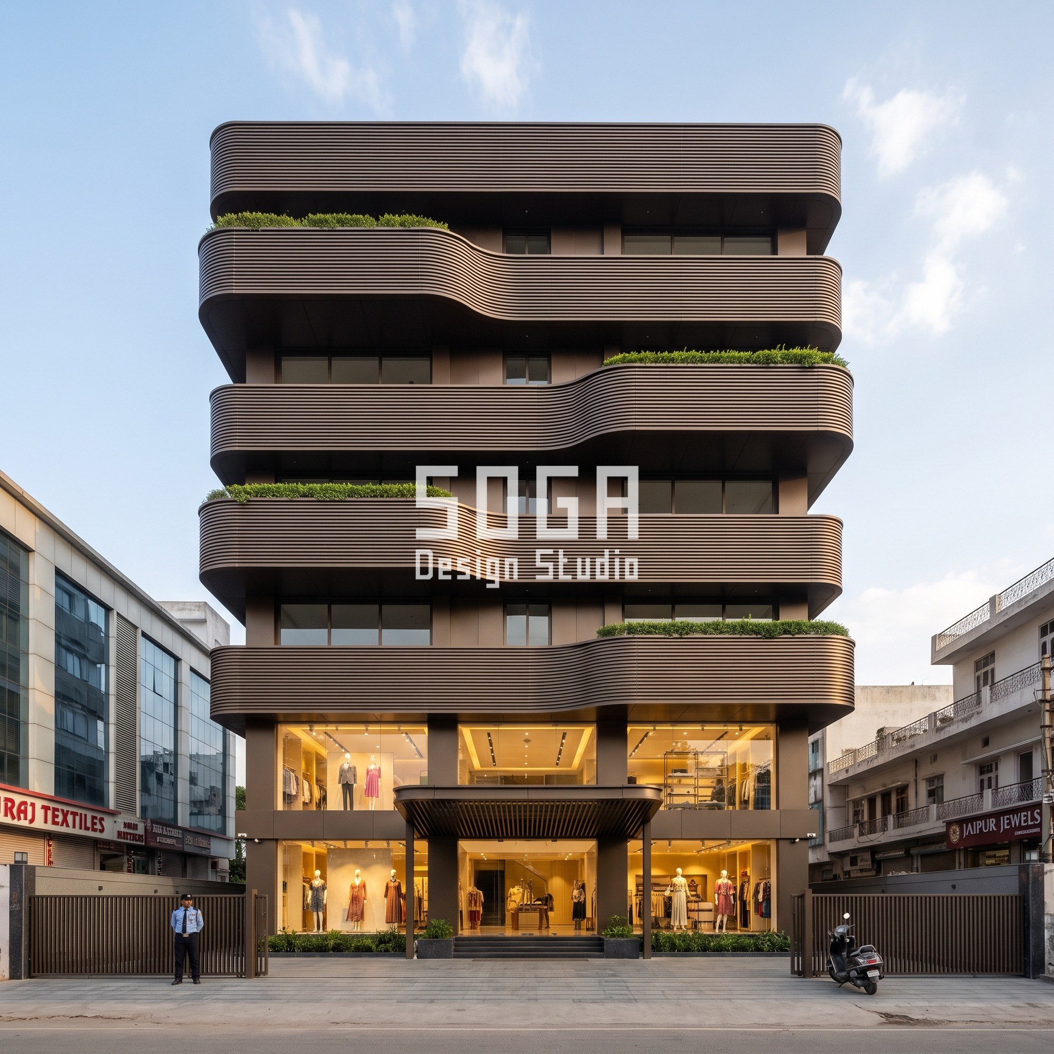 Serviced Apartment Facade Design India: The 2.5° Twist 2 Hilor Plaza concept in Jaipur: dark bronze ribbed balcony bands swelling 300 to 1200 mm and alternating each floor on a G+5 mixed-use block