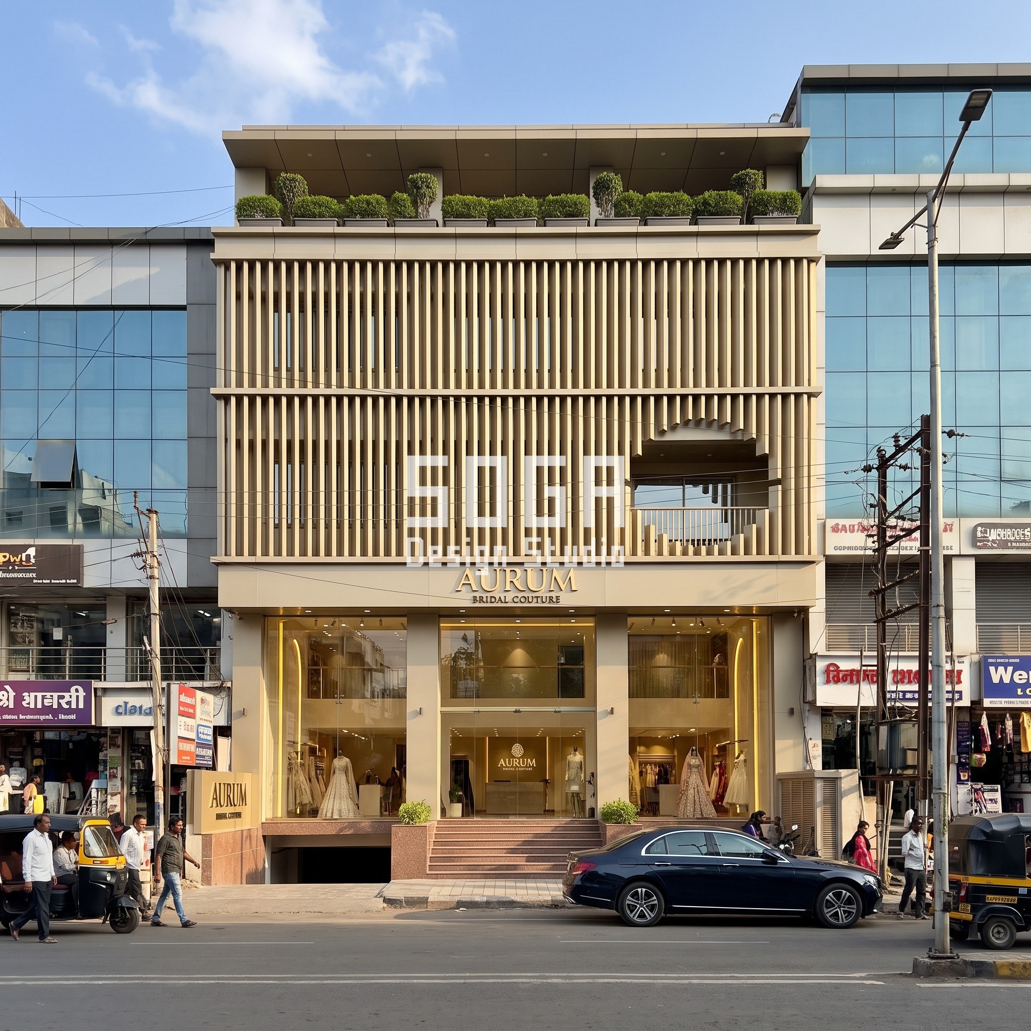 Serviced Apartment Facade Design India: The 2.5° Twist 4 Chhaya Flagship concept in Pune: champagne-gold louvers cut from 250 mm to full height around a crater-like window on a G+2 bridal store