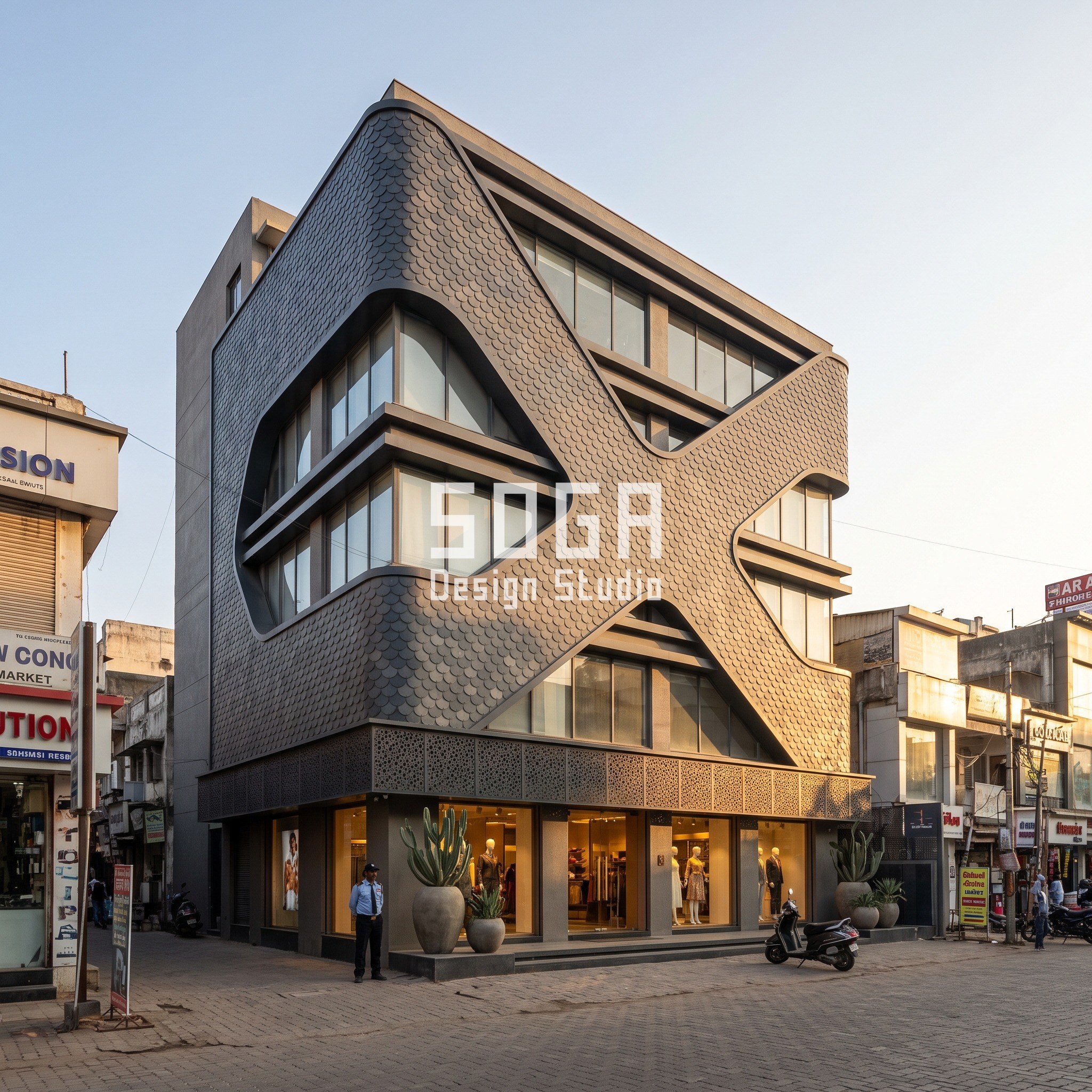 Serviced Apartment Facade Design India: The 2.5° Twist 6 Dhaaga Arcade concept in Ahmedabad: two mirrored charcoal scale-skin ribbons crossing at 40 degrees on a G+4 retail and office block