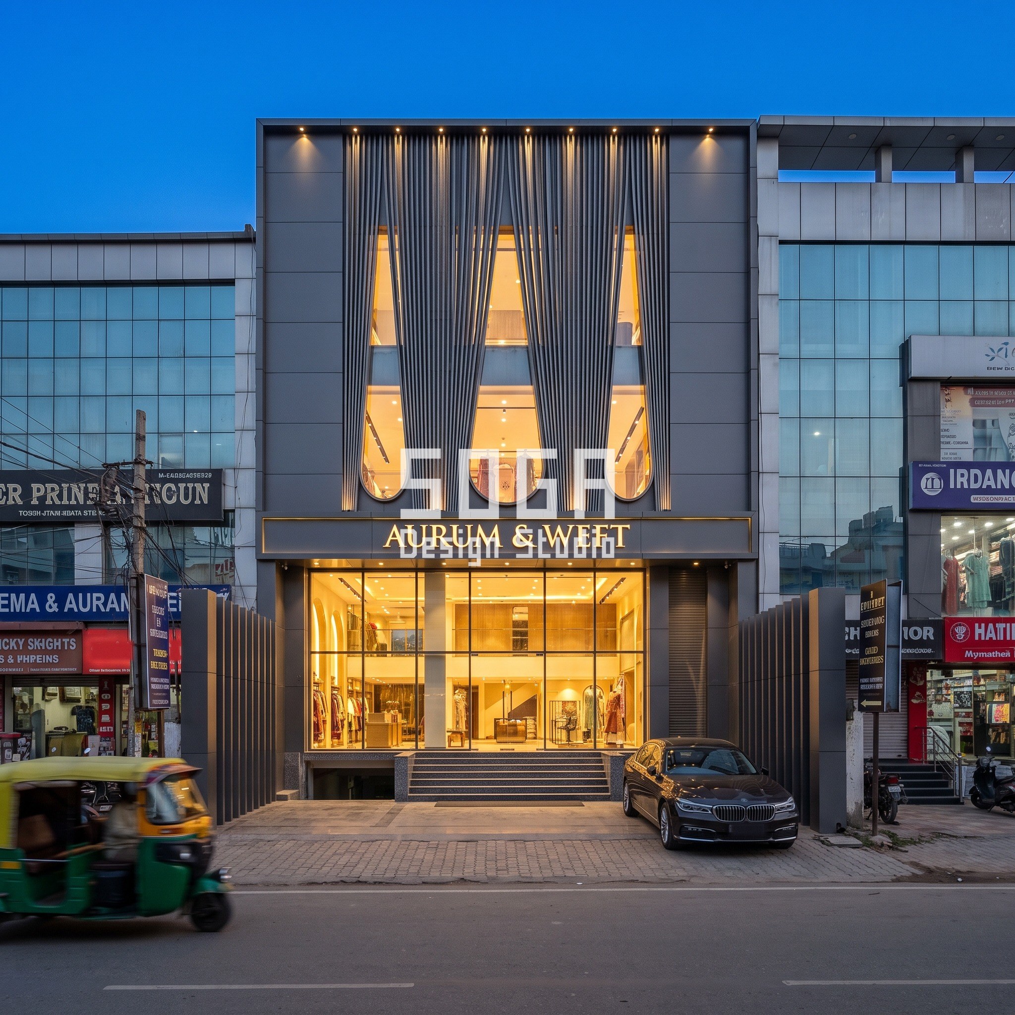 Serviced Apartment Facade Design India: The 2.5° Twist 3 Odhni Flagship concept in Lucknow at blue hour: graphite louver screen parting into a teardrop opening 3 m wide on a G+3 fashion showroom