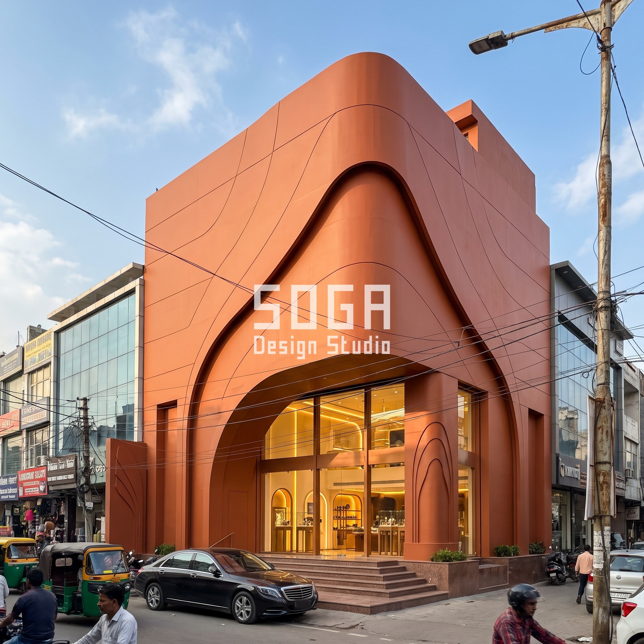 Serviced Apartment Facade Design India: The 2.5° Twist 5 Guha Flagship concept in Ludhiana: burnt-orange sculpted panels wrapping to a crest over an arch entrance on a G+3 watch and lifestyle store