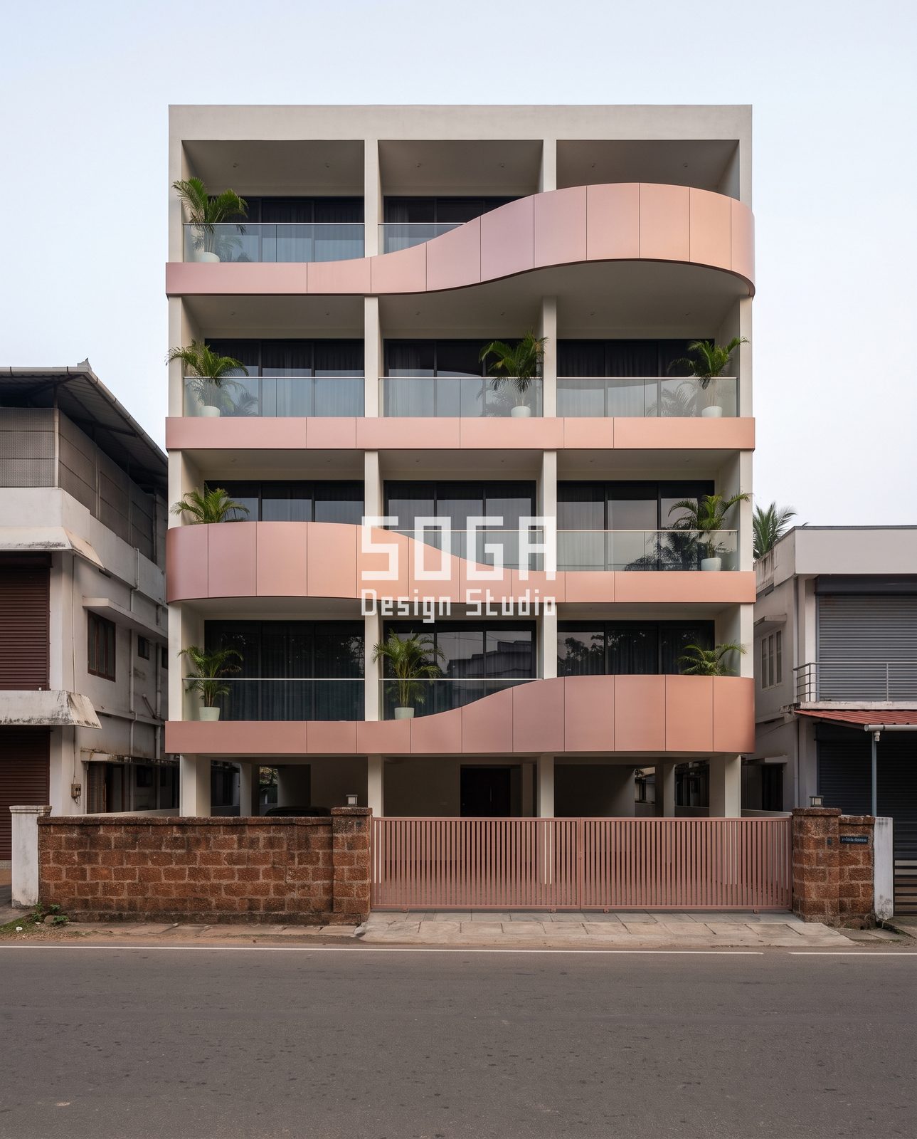 Twisted, Looped, Leaning, Waved and Slatted: 5 Sculptural Balcony Facade Ideas for Indian Homes 4 Rose-pink wave-form balcony fascia bands at four phases on a G+4 stilt building, India